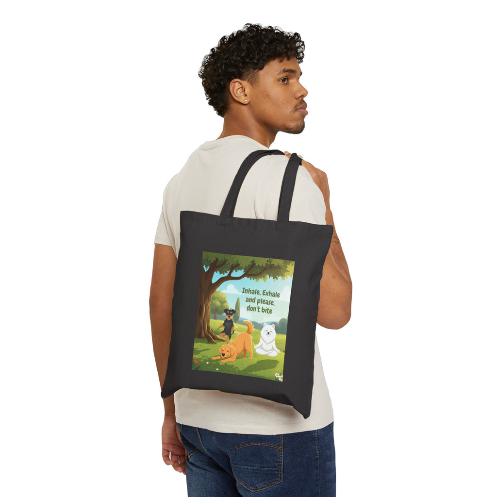 Yoga Cotton Canvas Tote Bag — "Inhale, Exhale and Please Don't Bite" Reusable