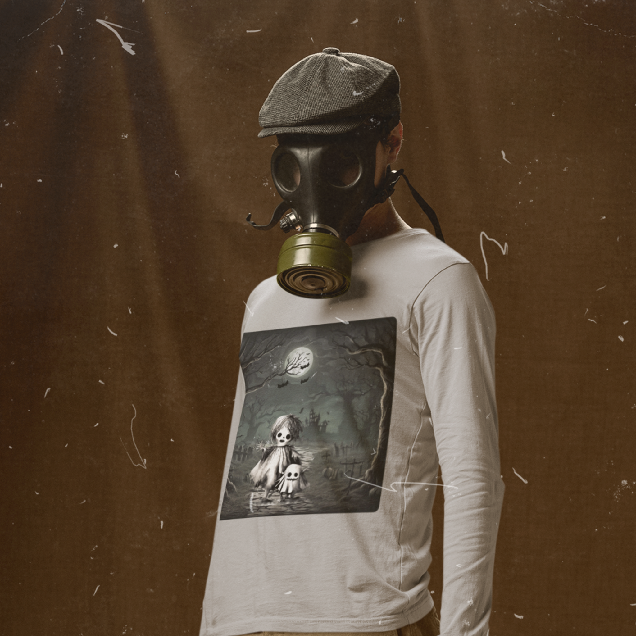 Person wearing a gas mask and a athletic heather shirt with a graphic design against a brown background
