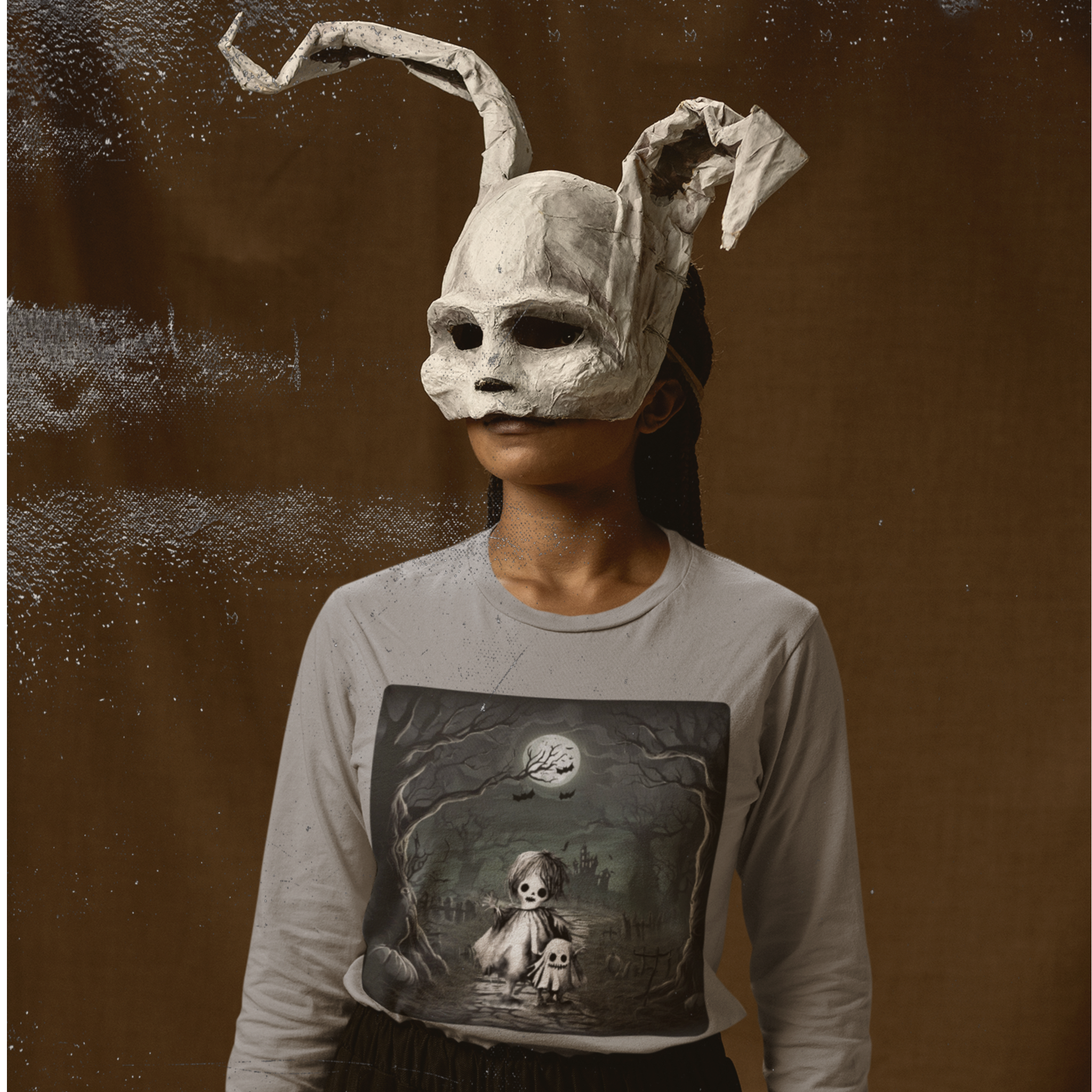 Person wearing a unique mask with rabbit ears against a textured brown background