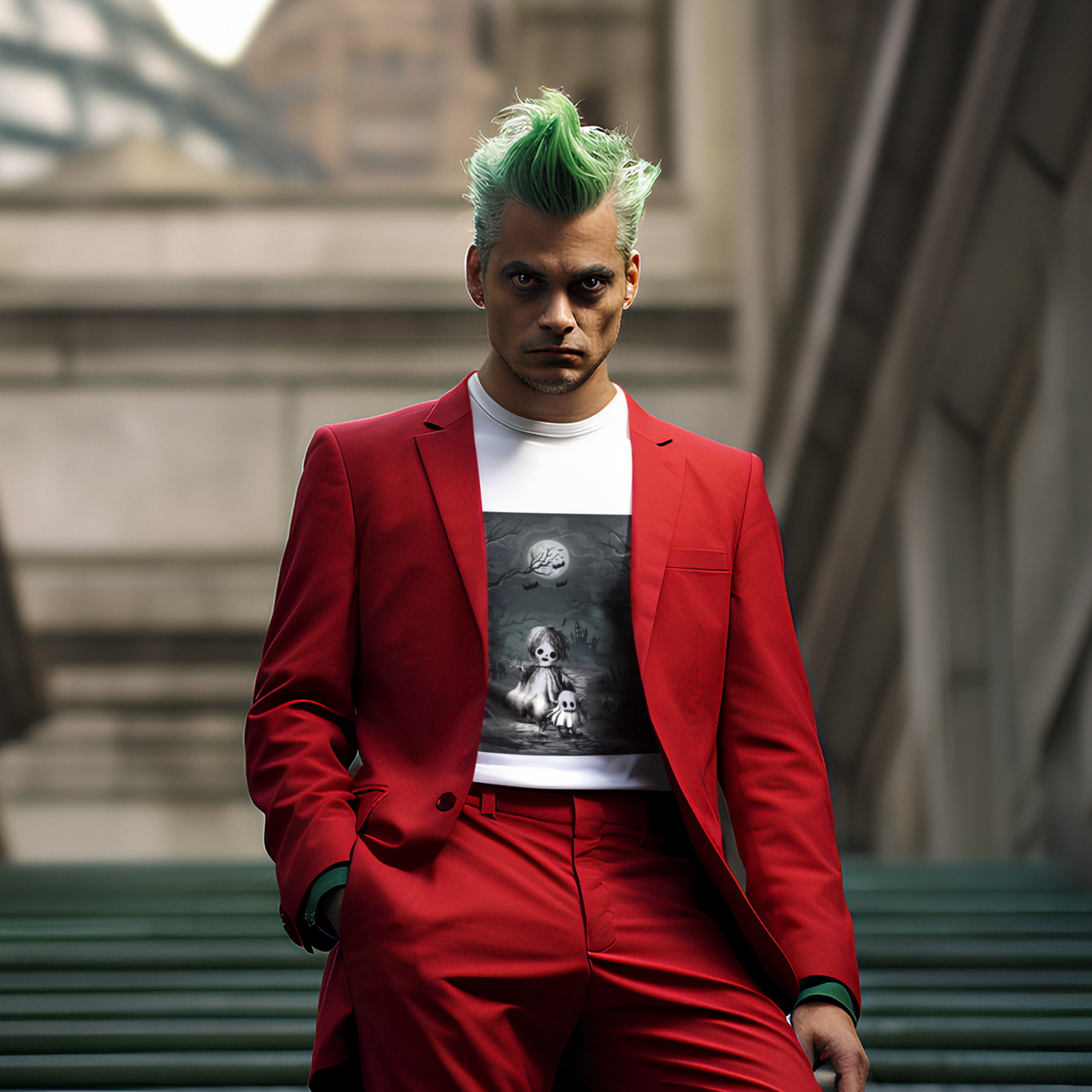 Person wearing a red suit with a graphic t-shirt underneath, sitting on a bench.