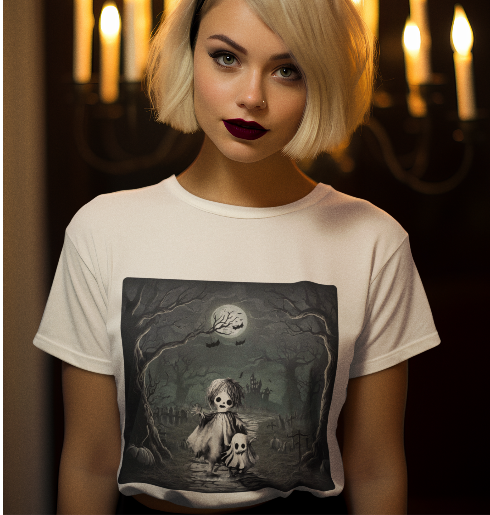 Woman wearing a white t-shirt with a dark graphic design in a candlelit setting