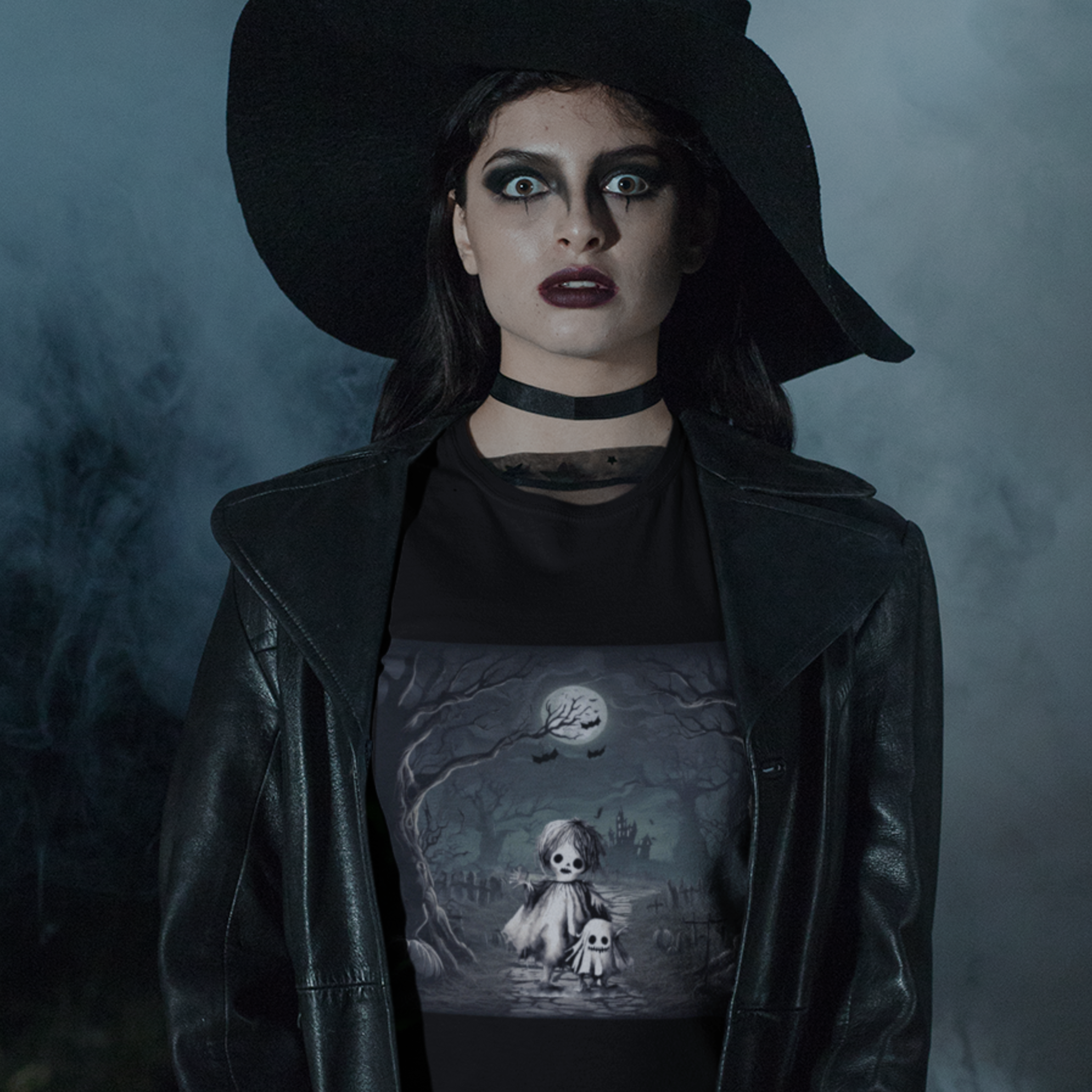 Person wearing a black outfit with a graphic t-shirt and wide-brimmed hat against a dark background