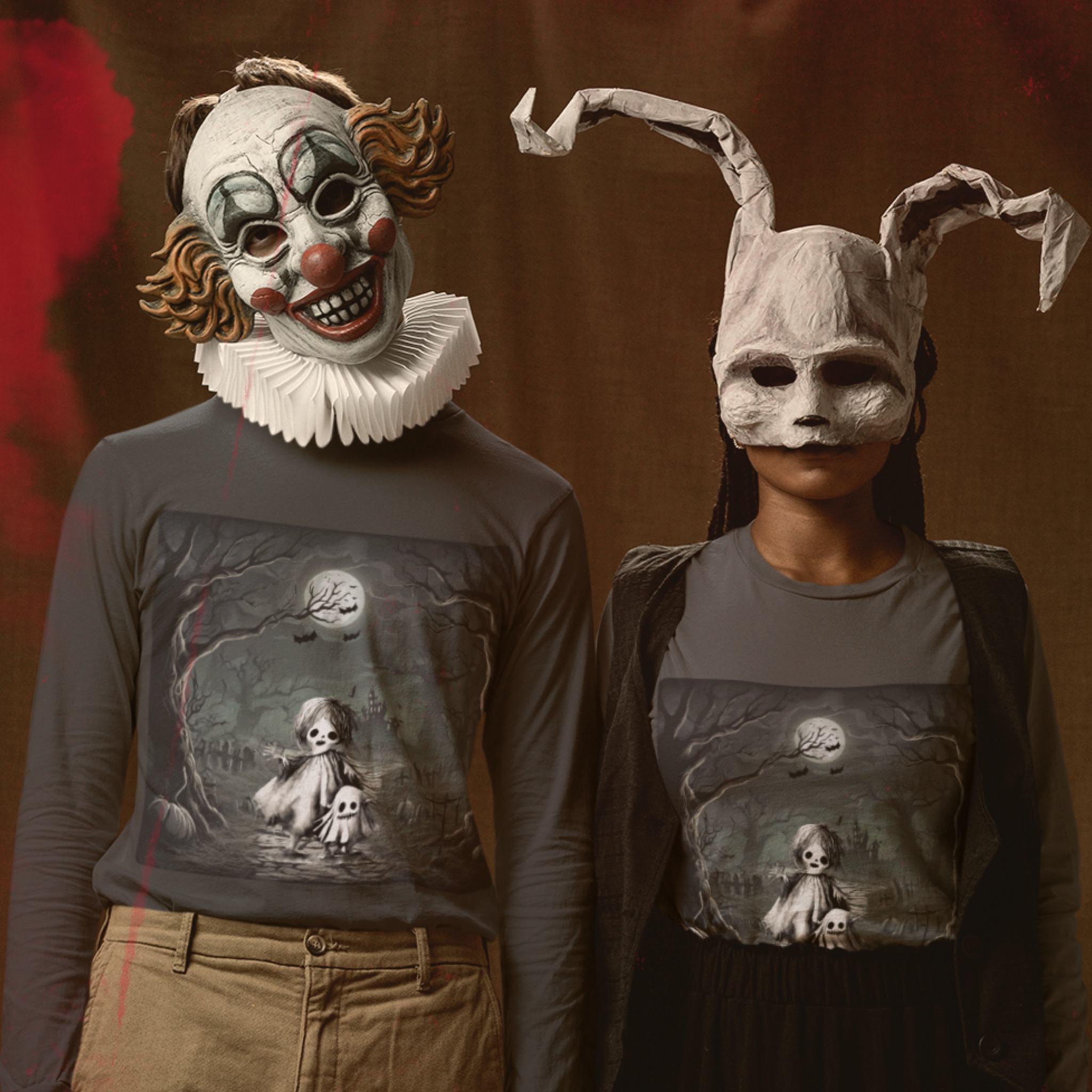 Two people wearing Halloween-themed masks and shirts with spooky designs.