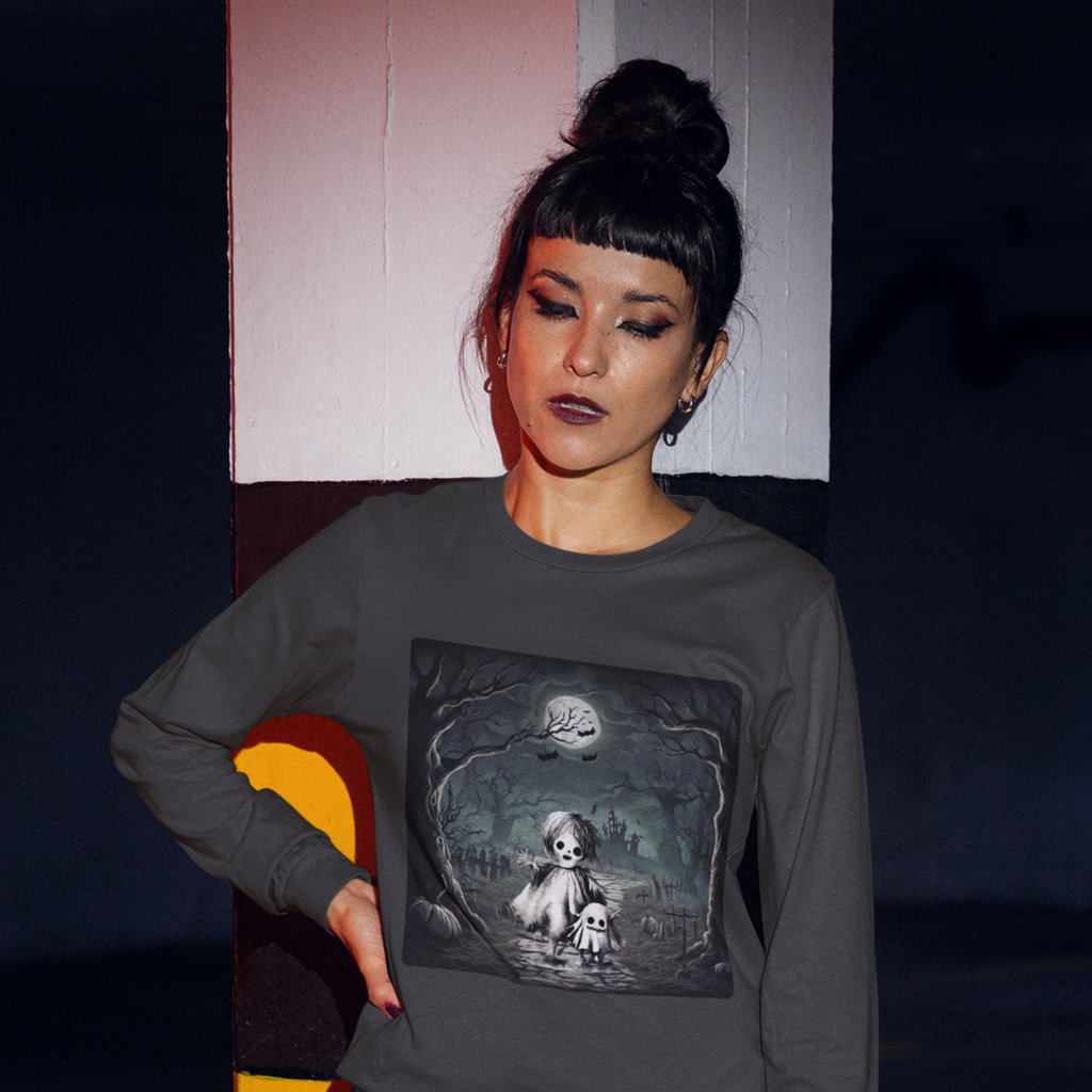 Person wearing a dark gray sweatshirt with a graphic design of a ghost and child in a graveyard.