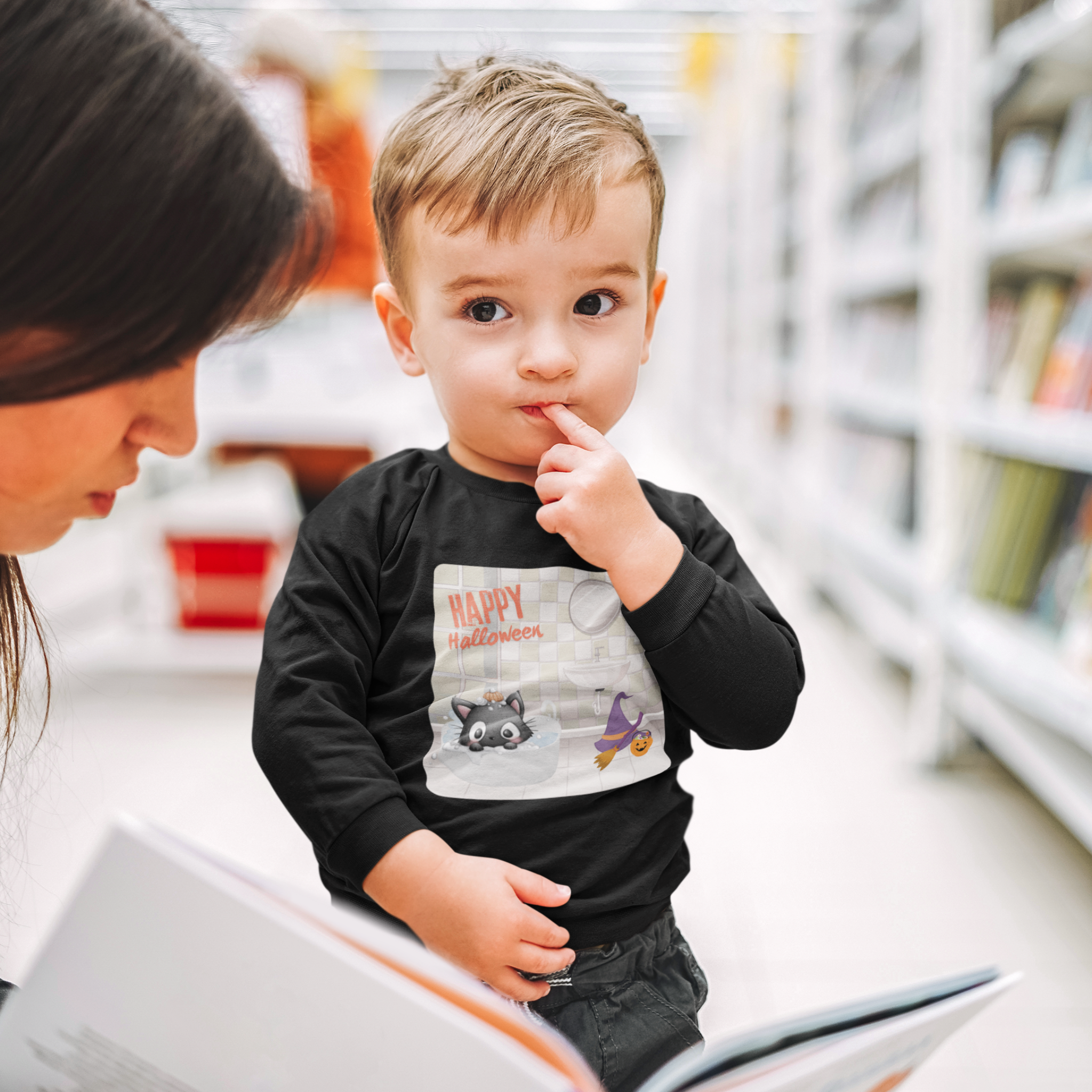 Child wearing a black shirt with a graphic design, standing in a library.