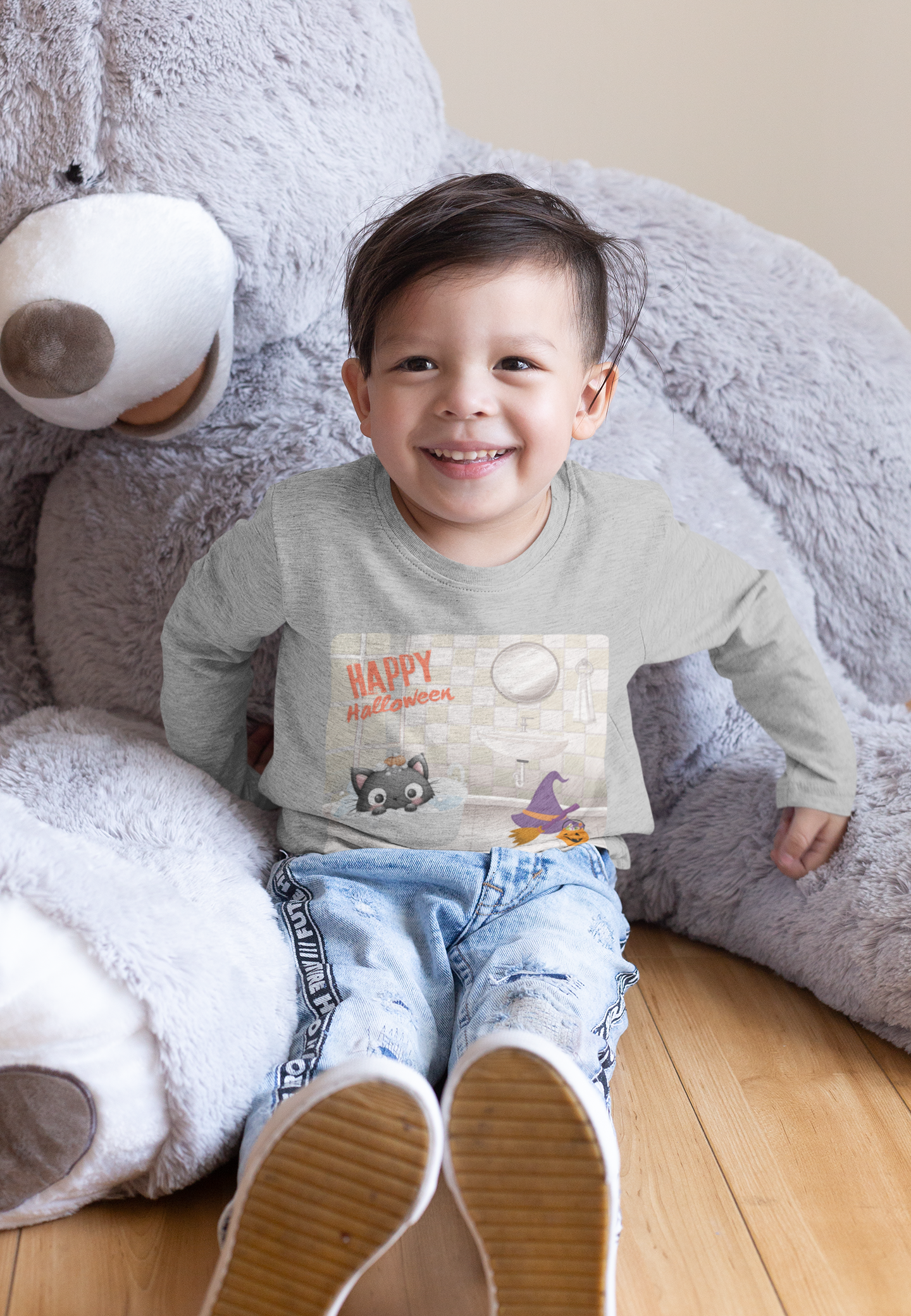 Toddler Long Sleeve Tee - Halloween Kitty in Bubble Bath Halloween Shirt