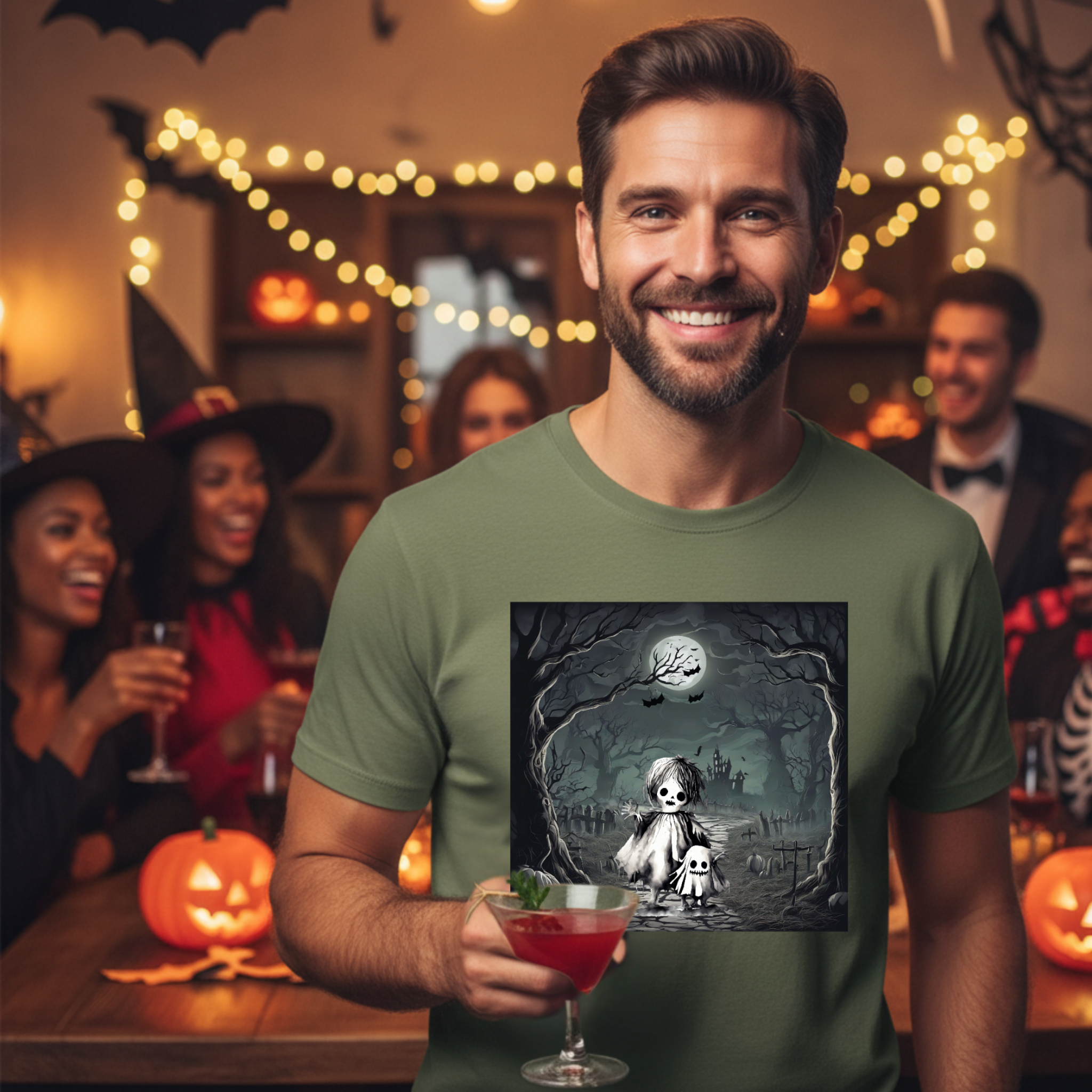 Man wearing a green t-shirt with a Halloween-themed design, holding a drink, surrounded by people at a Halloween party.