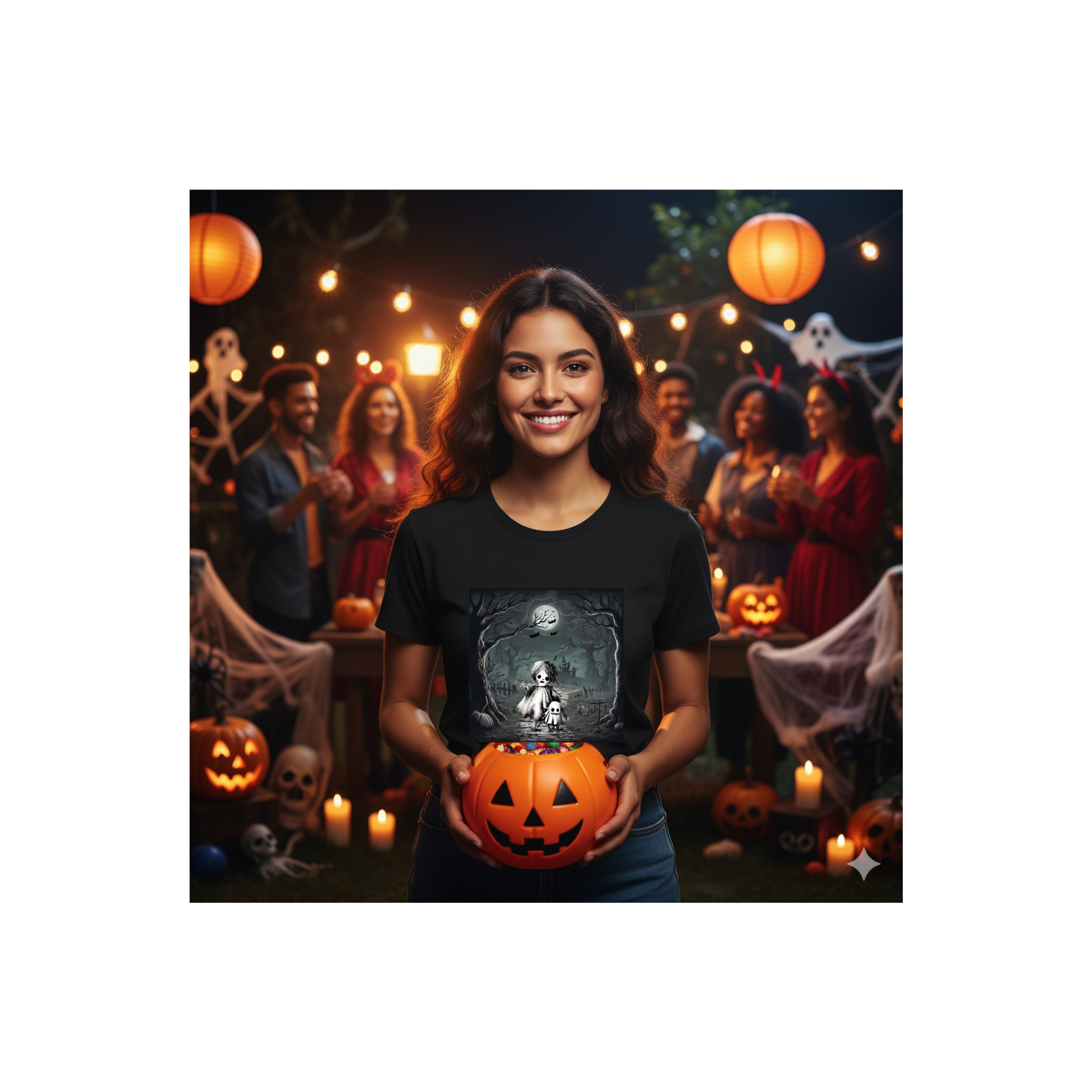 Woman holding a Halloween-themed pumpkin with a dark background featuring people and decorations.