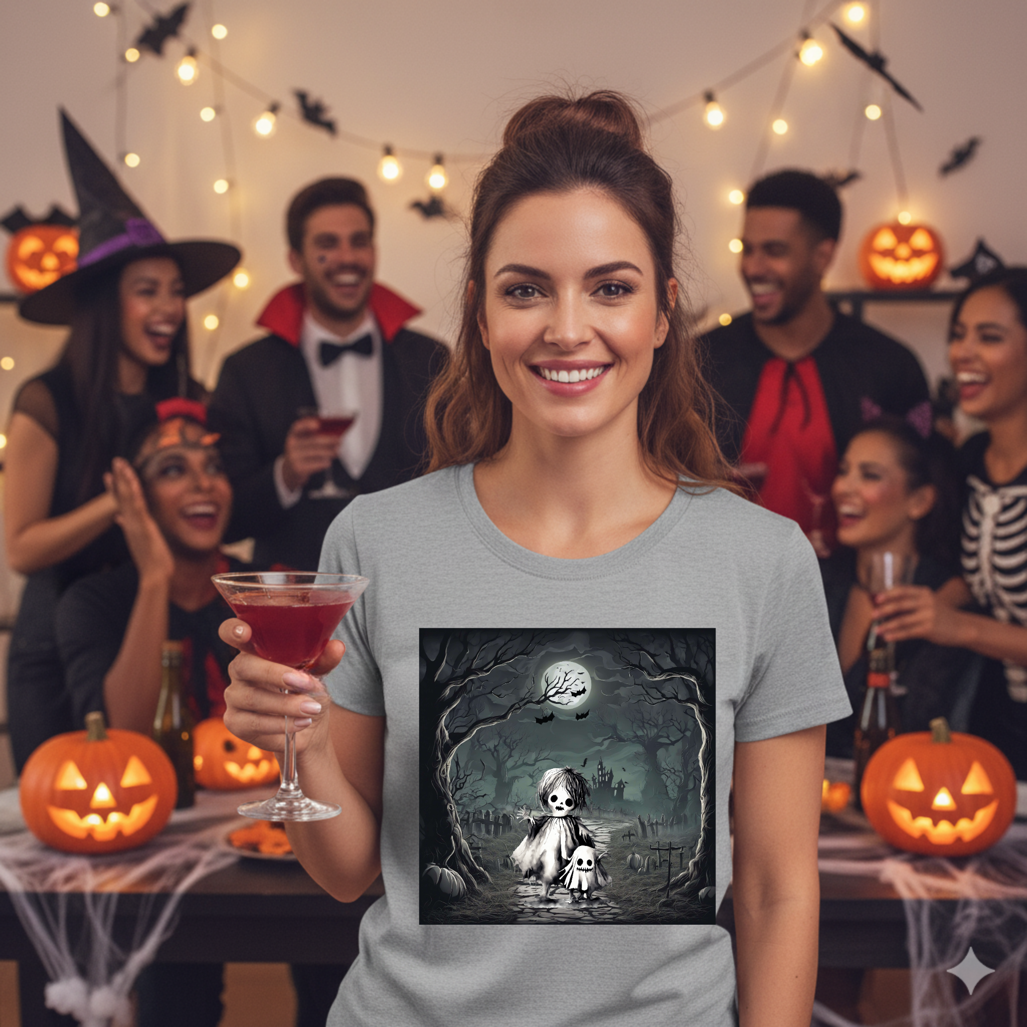 Woman wearing a Halloween-themed t-shirt with a group of people in costumes in the background.