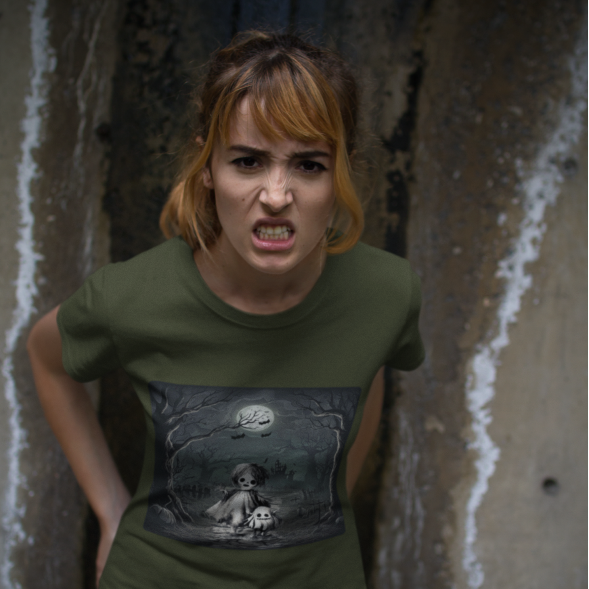 Woman wearing a green t-shirt with a graphic design against a textured wall.