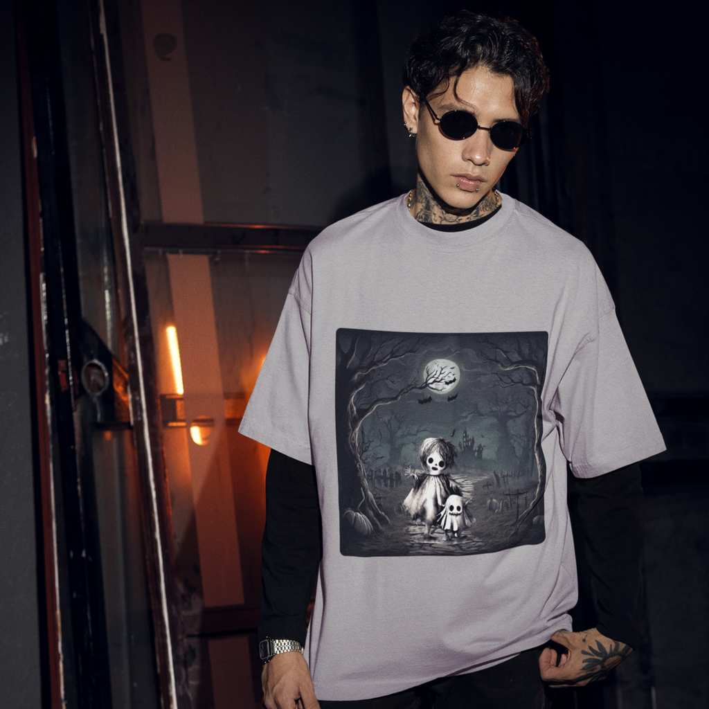 Person wearing a t-shirt with a graphic design of a skeleton and child in a dark forest.