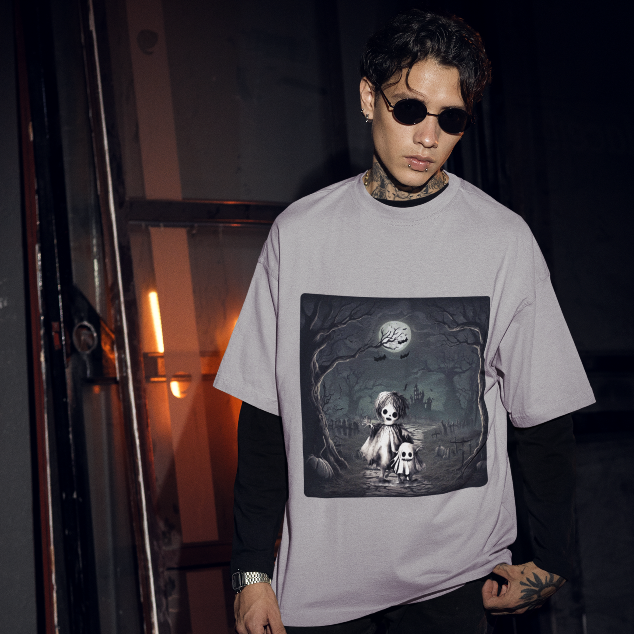 Person wearing a t-shirt with a graphic design of a skeleton and child in a dark forest.