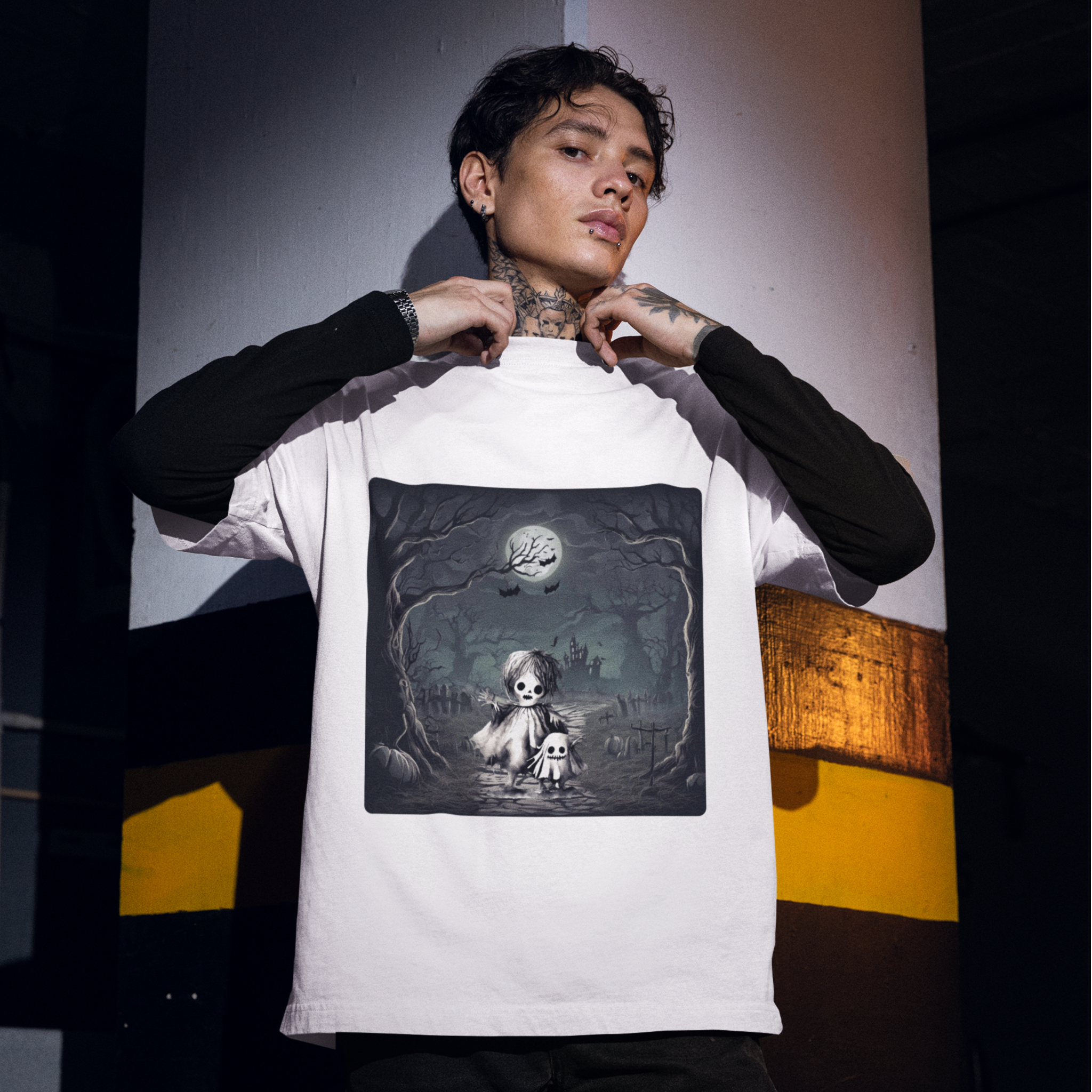 Person wearing a white t-shirt with a graphic design of a skeleton and skull in a dark setting.