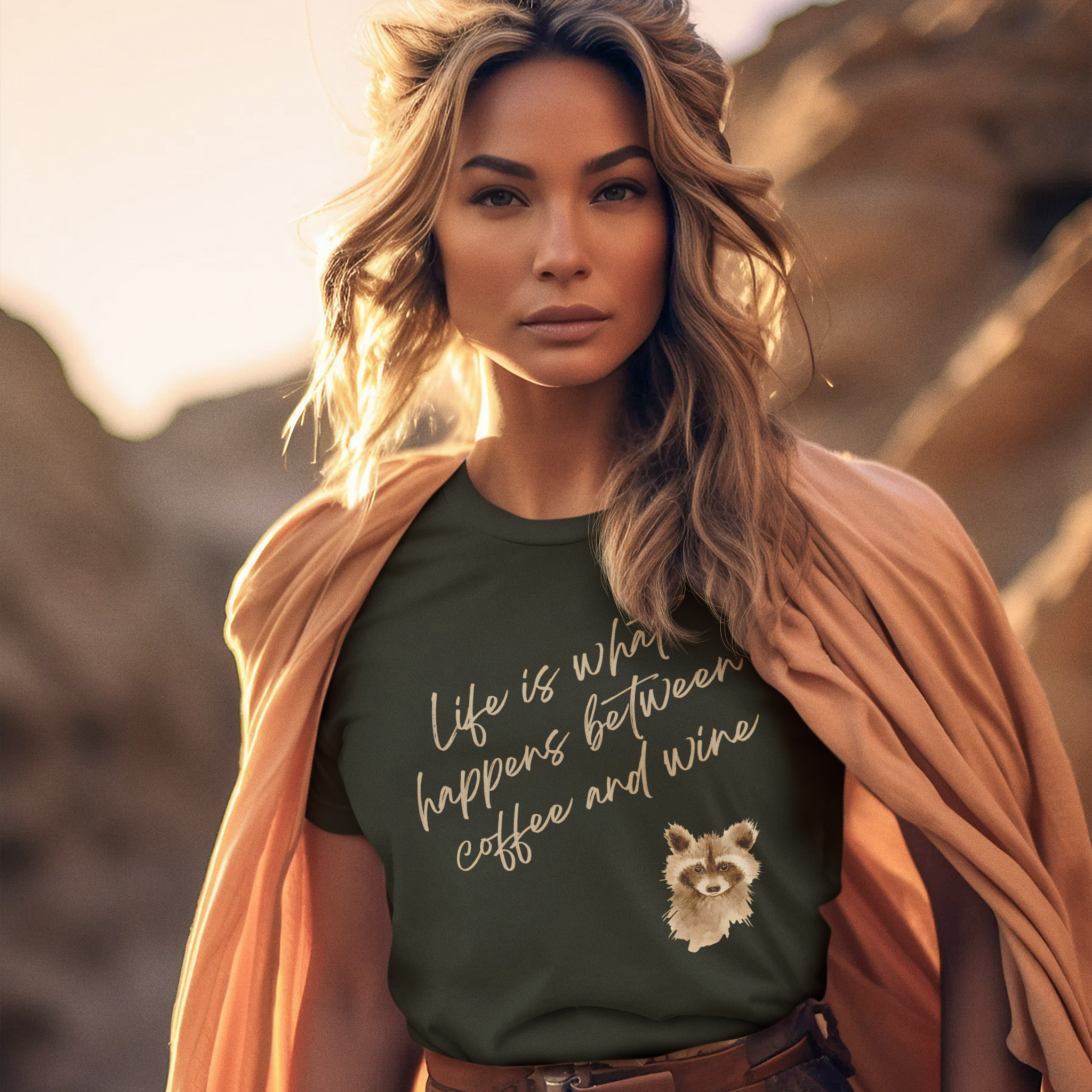 Woman wearing a t-shirt with a quote and raccoon illustration in a desert setting