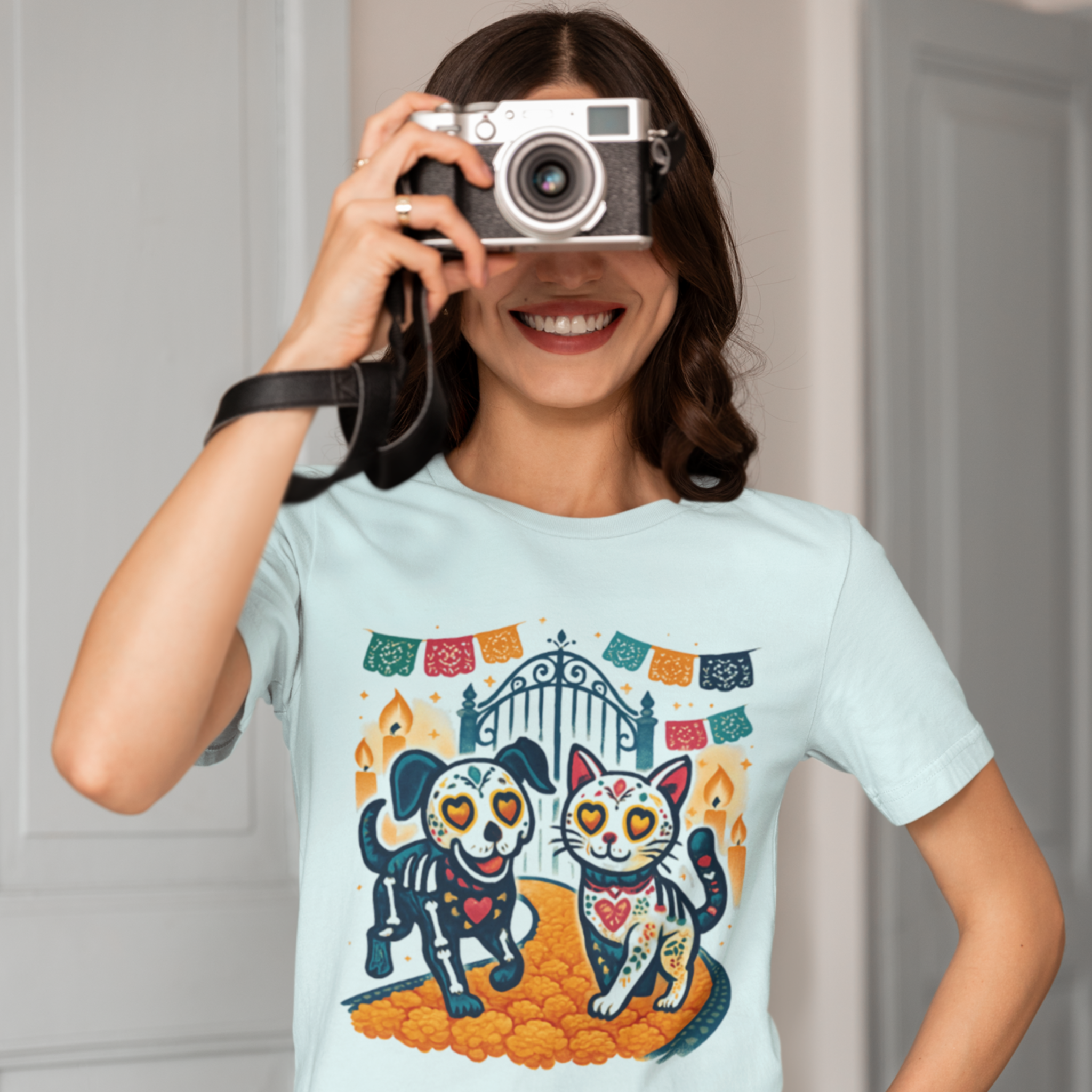 Day of the Dead Cat and Dog Tee, Dia de los Muertos Shirt, Unisex Graphic Tee, Gift for Pet Lovers, Casual fall Wear - Unisex Tee, Halloween