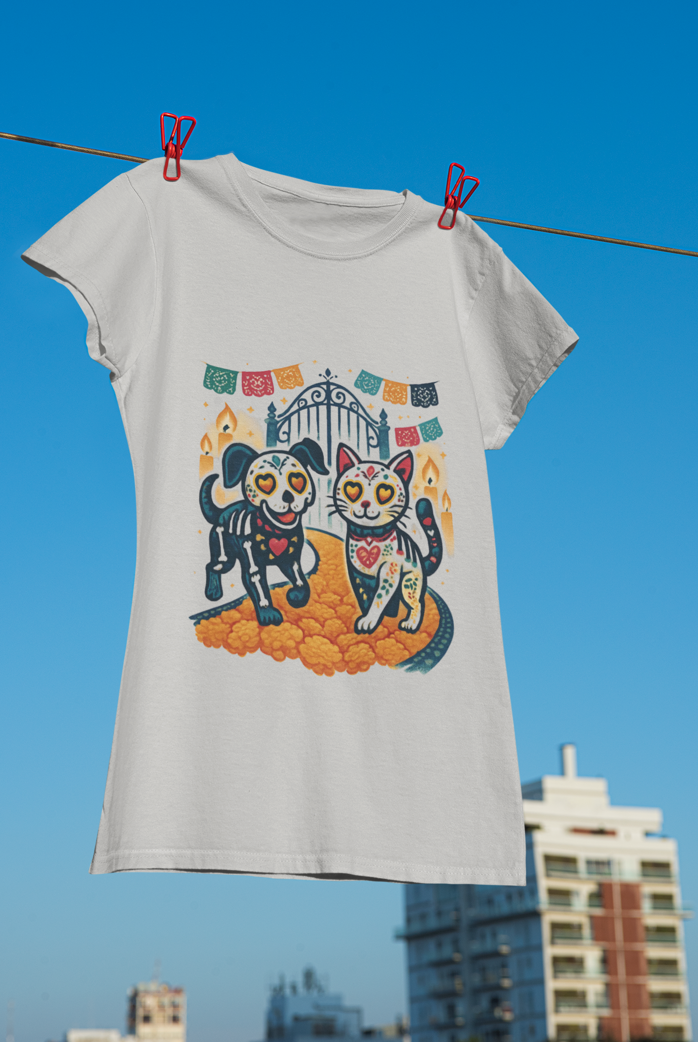 Day of the Dead Cat and Dog Tee, Dia de los Muertos Shirt, Unisex Graphic Tee, Gift for Pet Lovers, Casual fall Wear - Unisex Tee, Halloween
