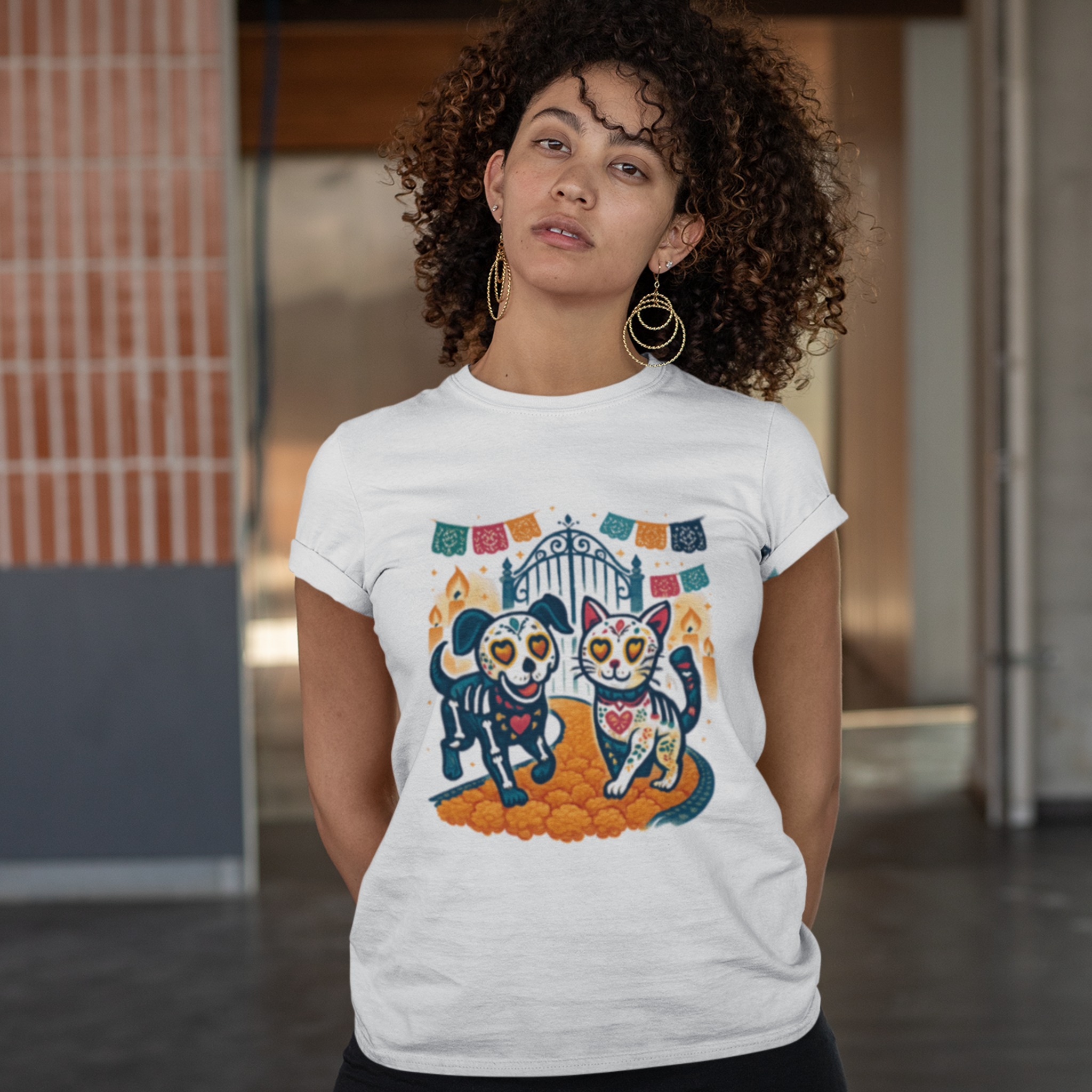 Day of the Dead Cat and Dog Tee, Dia de los Muertos Shirt, Unisex Graphic Tee, Gift for Pet Lovers, Casual fall Wear - Unisex Tee, Halloween
