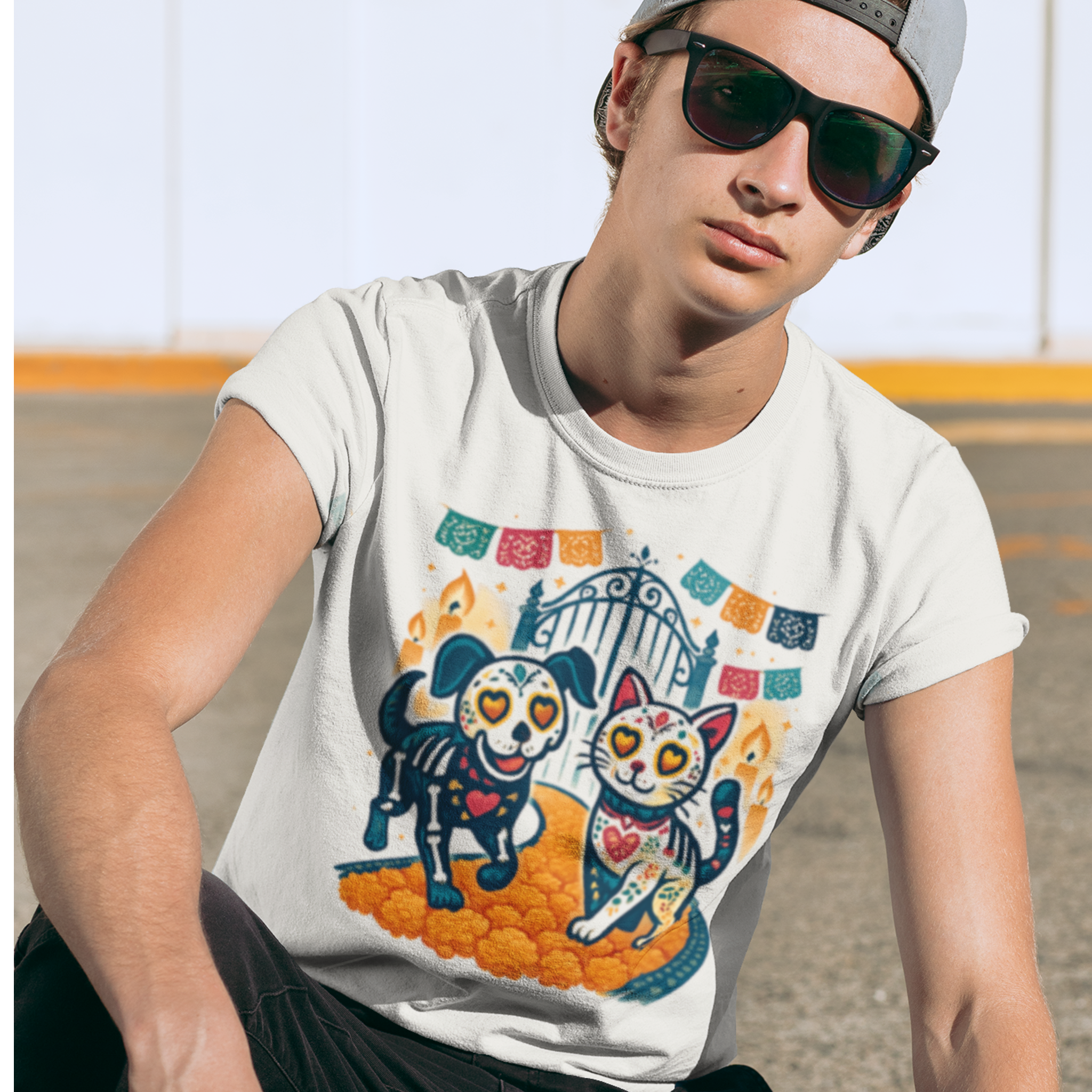 Day of the Dead Cat and Dog Tee, Dia de los Muertos Shirt, Unisex Graphic Tee, Gift for Pet Lovers, Casual fall Wear - Unisex Tee, Halloween