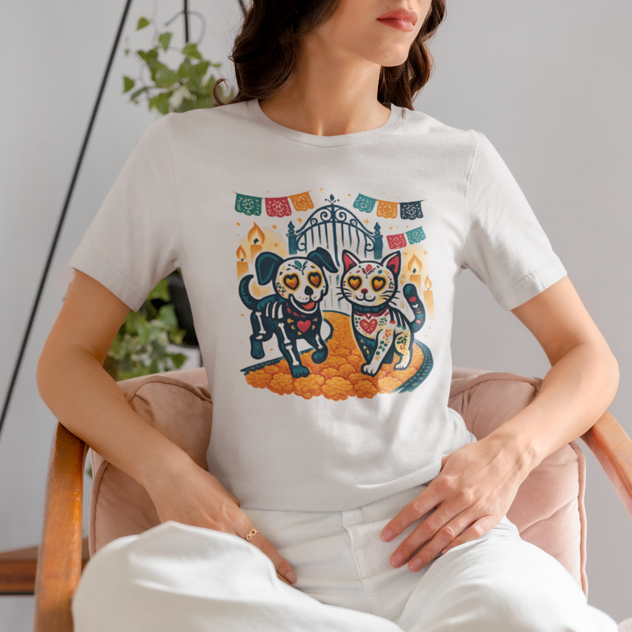 Day of the Dead Cat and Dog Tee, Dia de los Muertos Shirt, Unisex Graphic Tee, Gift for Pet Lovers, Casual fall Wear - Unisex Tee, Halloween