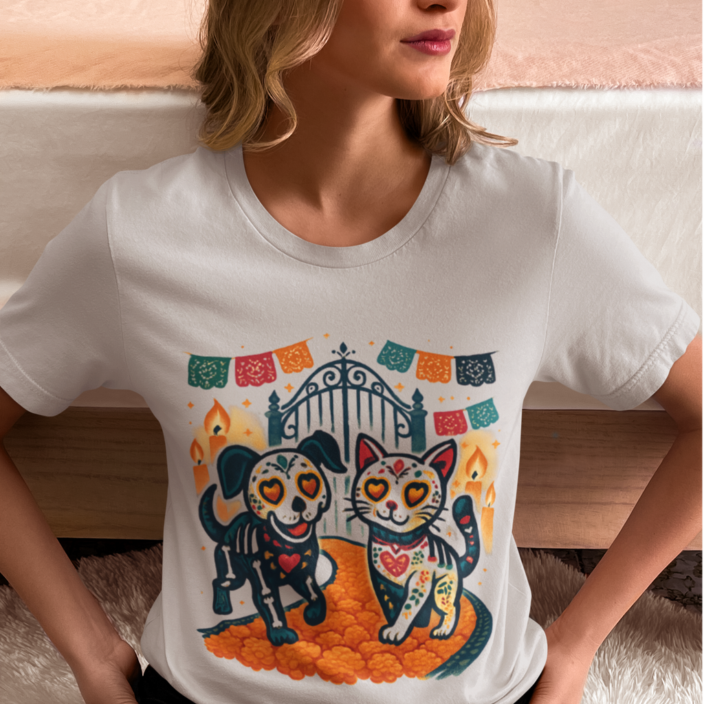 Day of the Dead Cat and Dog Tee, Dia de los Muertos Shirt, Unisex Graphic Tee, Gift for Pet Lovers, Casual fall Wear - Unisex Tee, Halloween