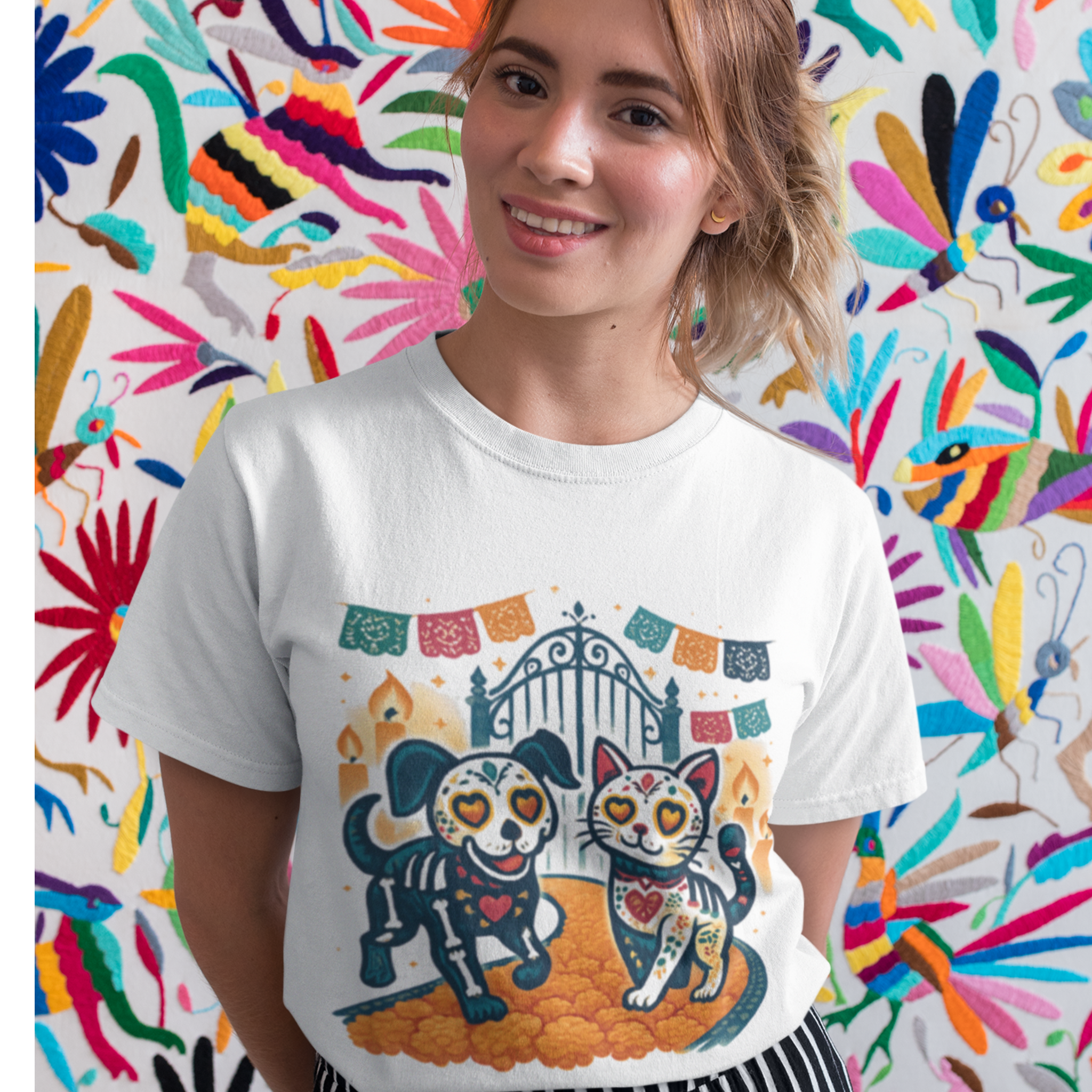 Day of the Dead Cat and Dog Tee, Dia de los Muertos Shirt, Unisex Graphic Tee, Gift for Pet Lovers, Casual fall Wear - Unisex Tee, Halloween