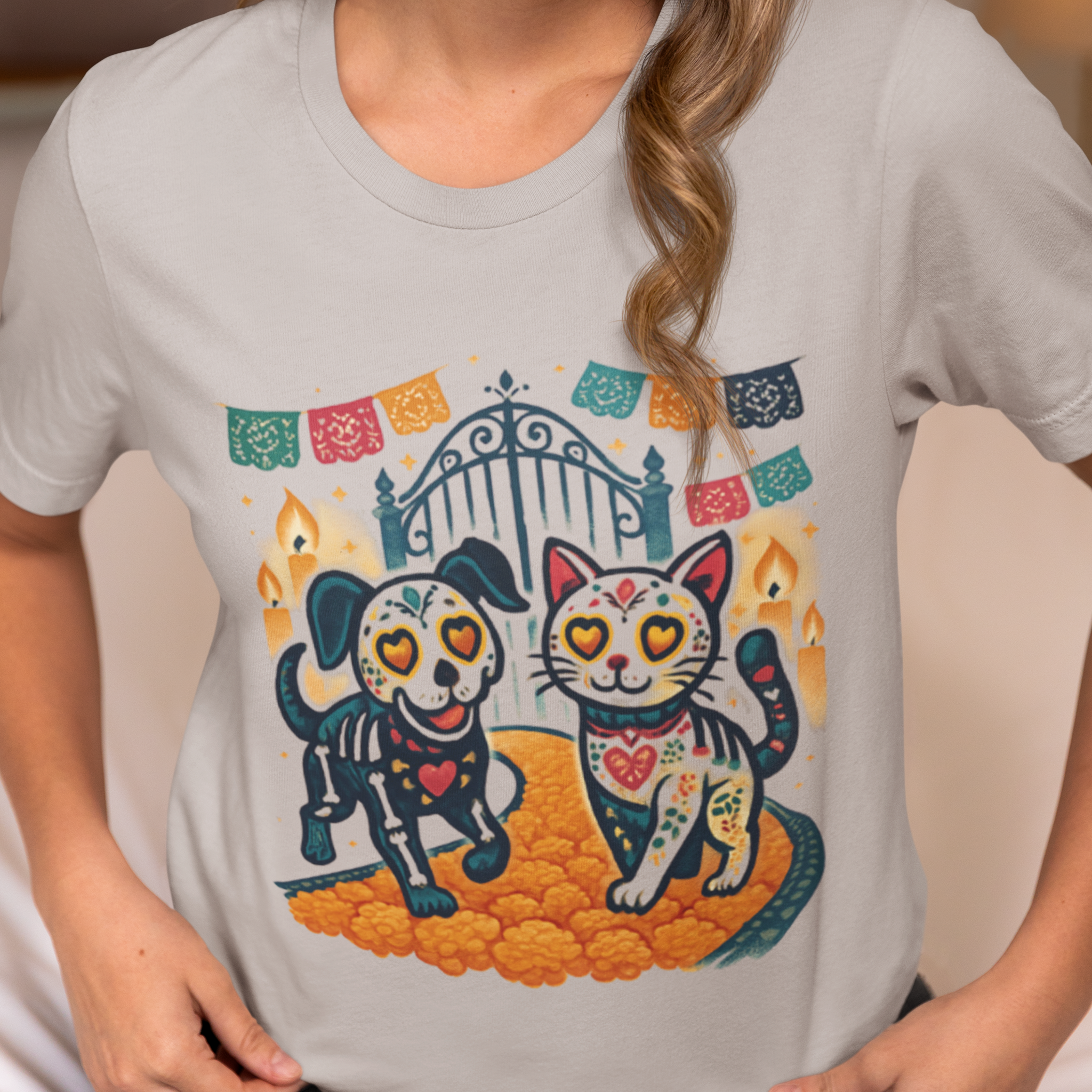 Day of the Dead Cat and Dog Tee, Dia de los Muertos Shirt, Unisex Graphic Tee, Gift for Pet Lovers, Casual fall Wear - Unisex Tee, Halloween