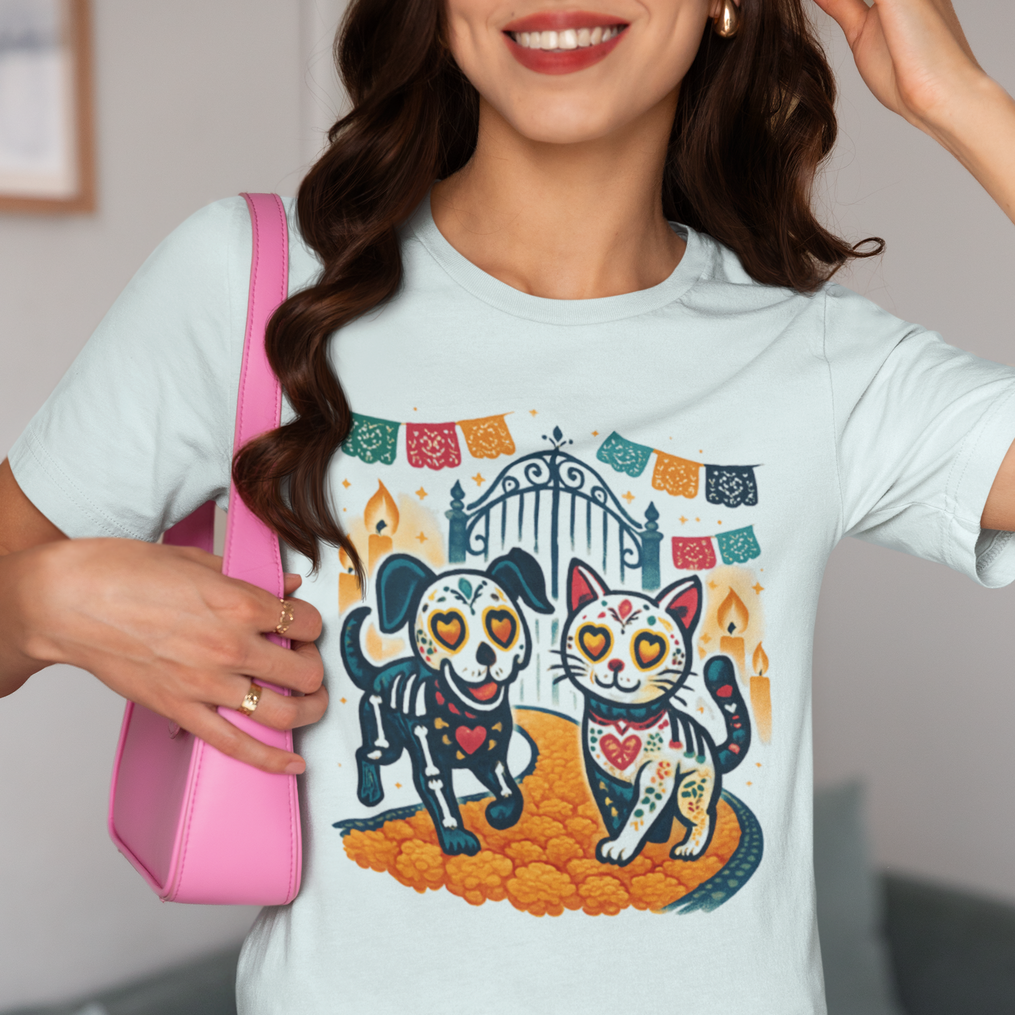 Day of the Dead Cat and Dog Tee, Dia de los Muertos Shirt, Unisex Graphic Tee, Gift for Pet Lovers, Casual fall Wear - Unisex Tee, Halloween