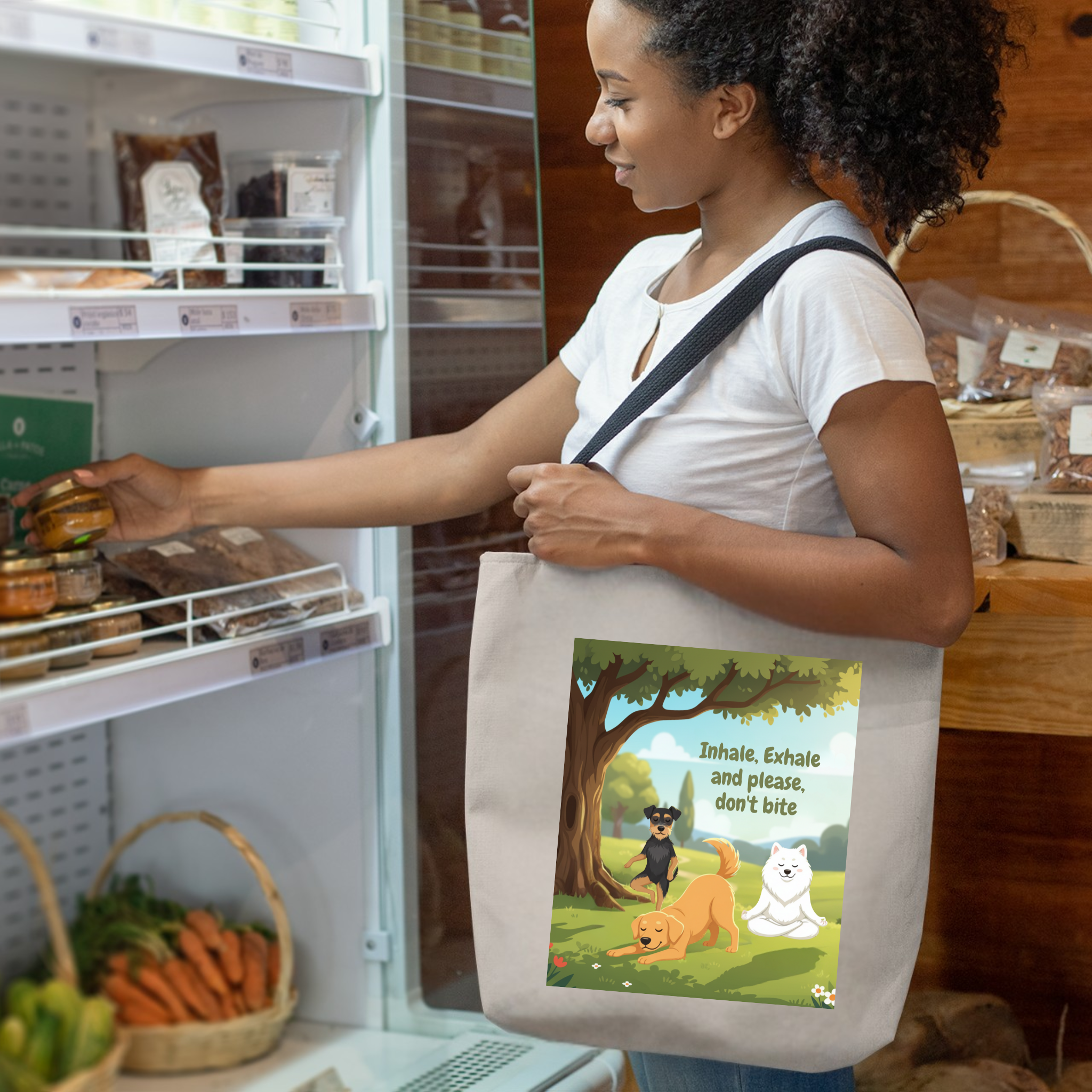 Yoga Cotton Canvas Tote Bag — "Inhale, Exhale and Please Don't Bite" Reusable