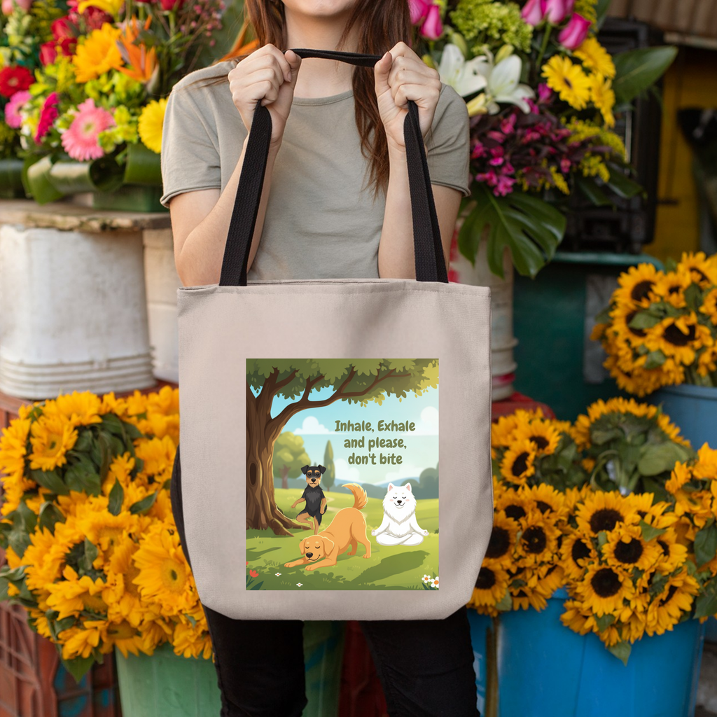 Yoga Cotton Canvas Tote Bag — "Inhale, Exhale and Please Don't Bite" Reusable