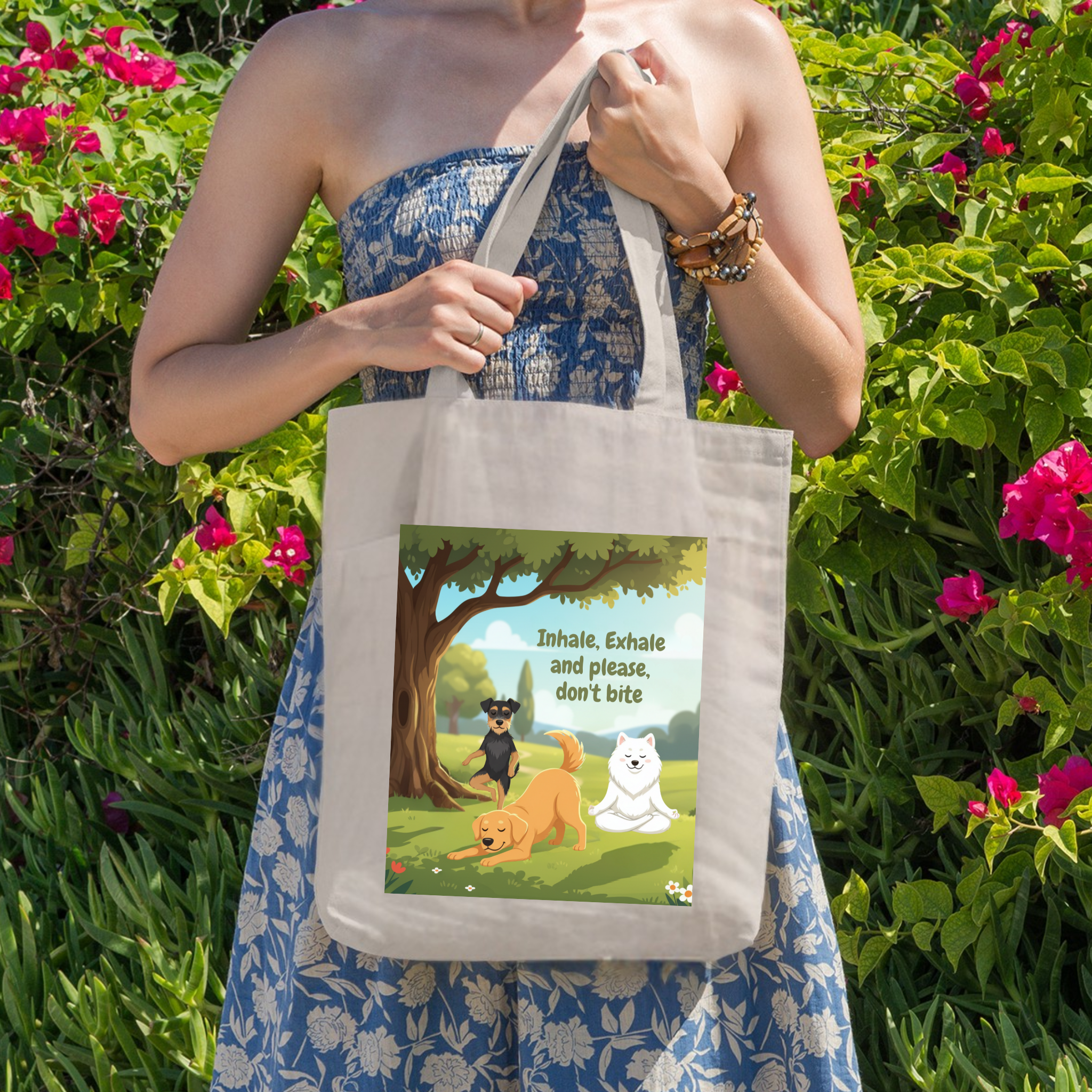 Yoga Cotton Canvas Tote Bag — "Inhale, Exhale and Please Don't Bite" Reusable