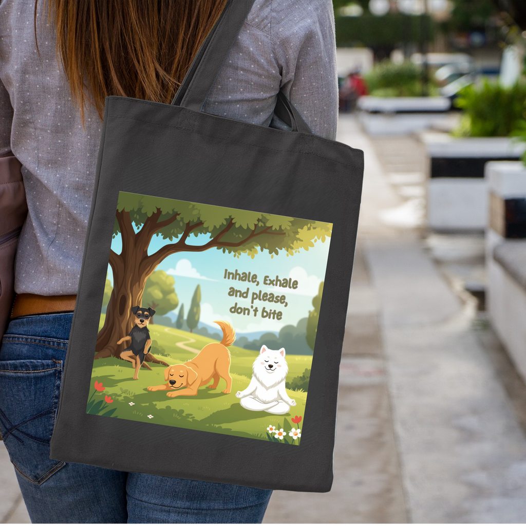Yoga Cotton Canvas Tote Bag — "Inhale, Exhale and Please Don't Bite" Reusable