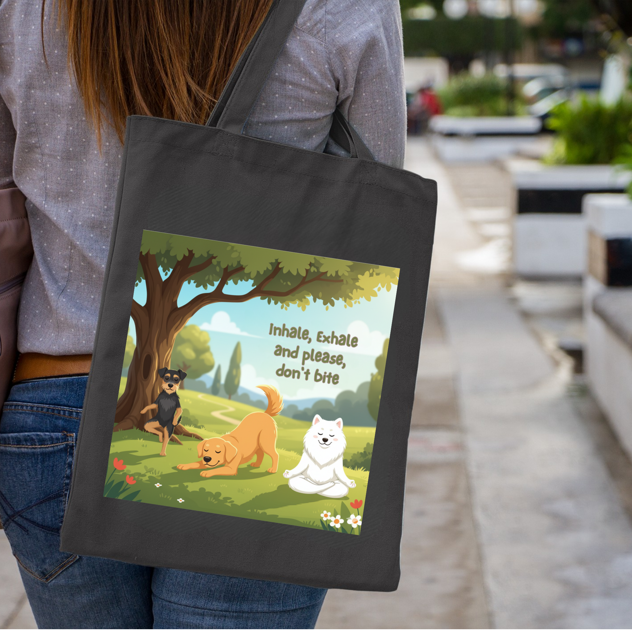 Yoga Cotton Canvas Tote Bag — "Inhale, Exhale and Please Don't Bite" Reusable