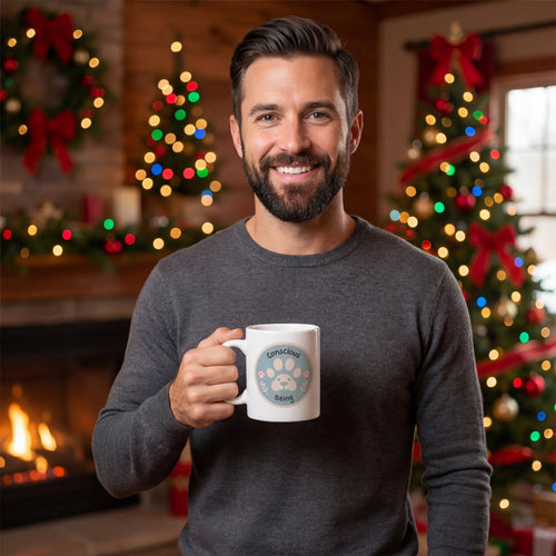 Man holding a mug with a paw print design in a festive room with Christmas trees and lights.
