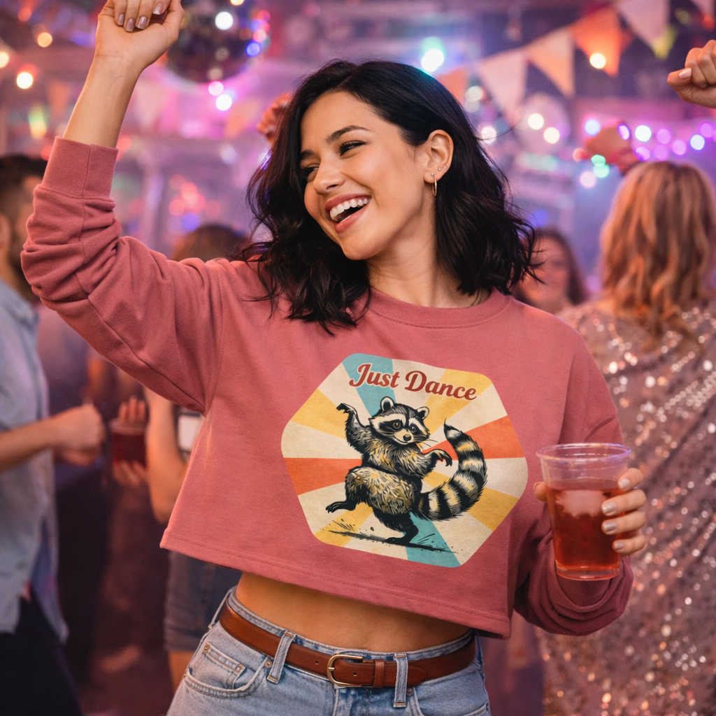 Just Dance Retro Raccoon Crop Sweatshirt – Retro 80s Vibe