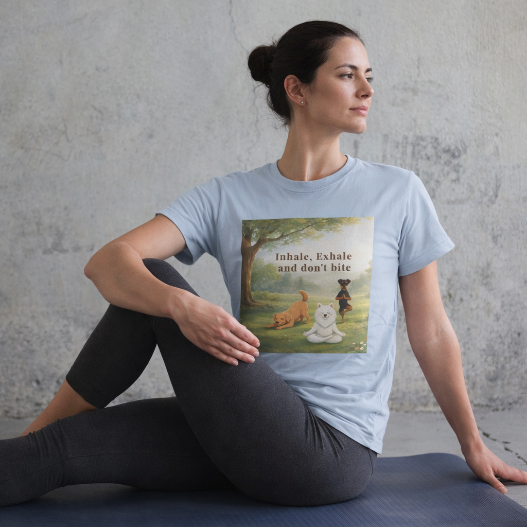 Unisex olive green t-shirt featuring a mindful dog meditation design with the phrase “Inhale, Exhale and don’t bite,” shown in a peaceful forest setting.