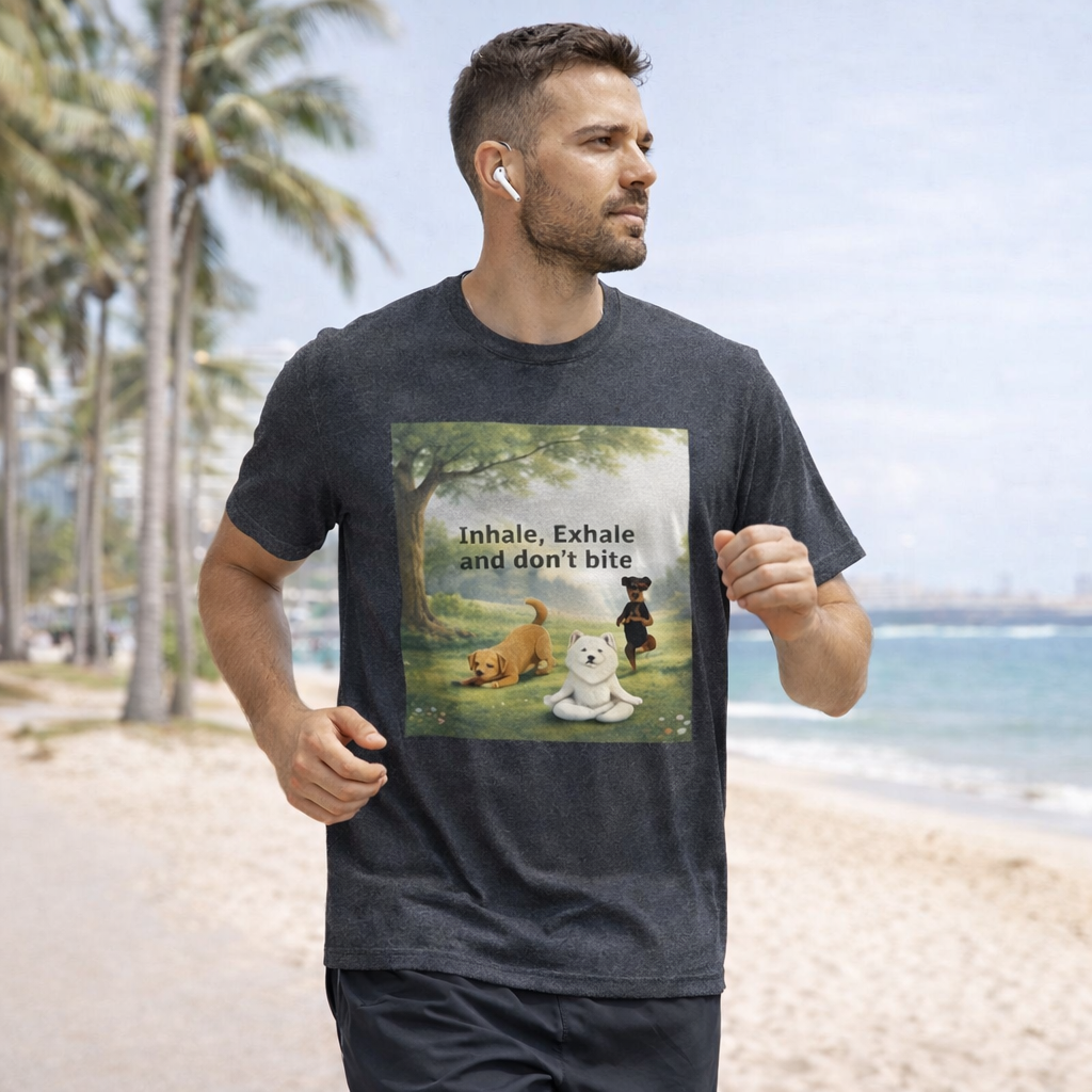 Unisex olive green t-shirt featuring a mindful dog meditation design with the phrase “Inhale, Exhale and don’t bite,” shown in a peaceful forest setting.