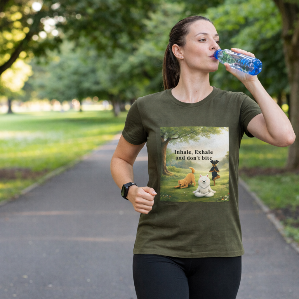 Unisex olive green t-shirt featuring a mindful dog meditation design with the phrase “Inhale, Exhale and don’t bite,” shown in a peaceful forest setting.