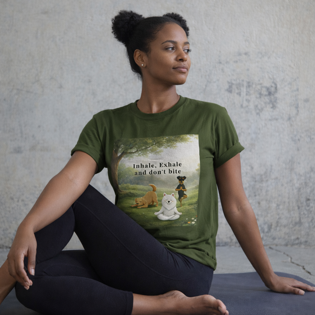 Unisex olive green t-shirt featuring a mindful dog meditation design with the phrase “Inhale, Exhale and don’t bite,” shown in a peaceful forest setting.
