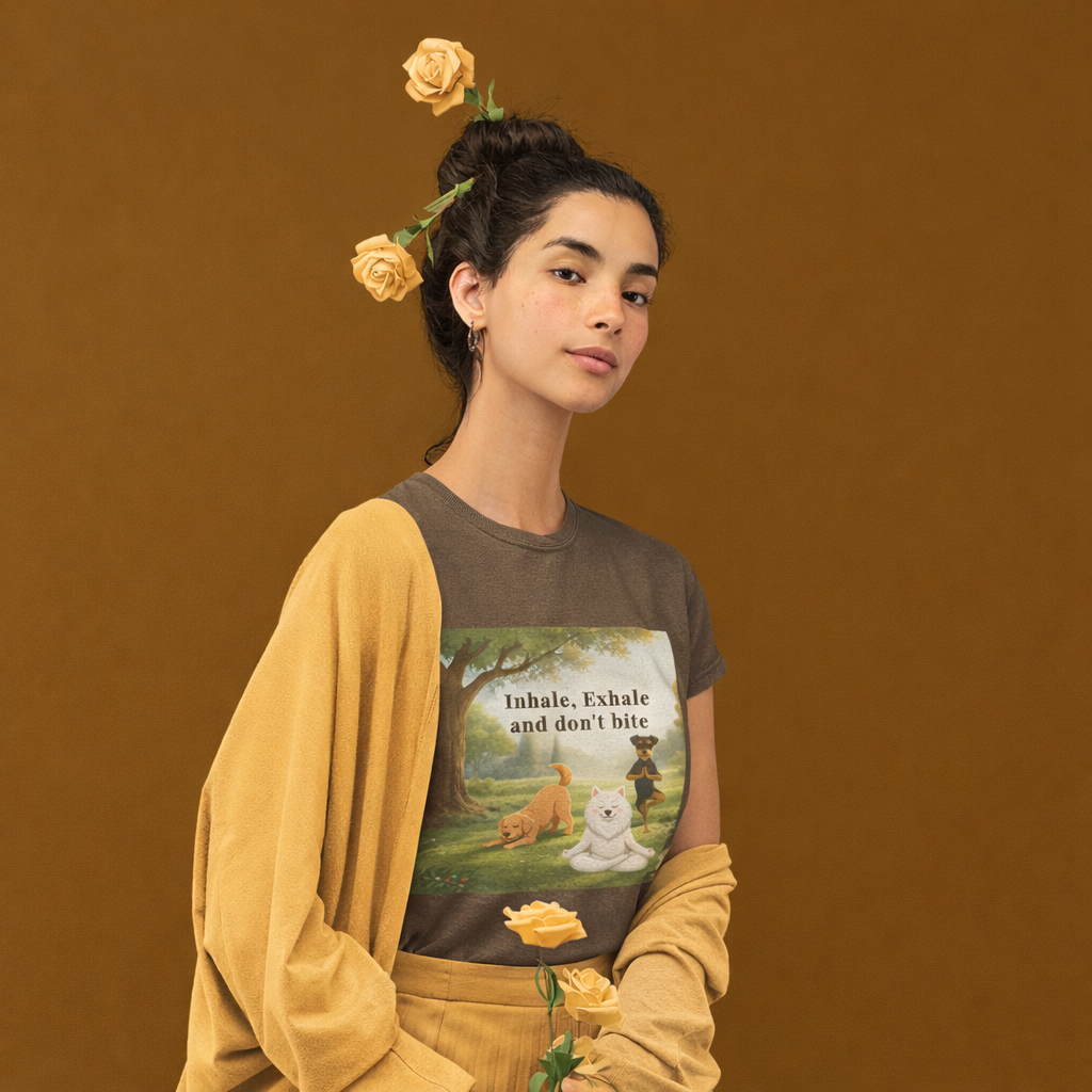 Unisex olive green t-shirt featuring a mindful dog meditation design with the phrase “Inhale, Exhale and don’t bite,” shown in a peaceful forest setting.