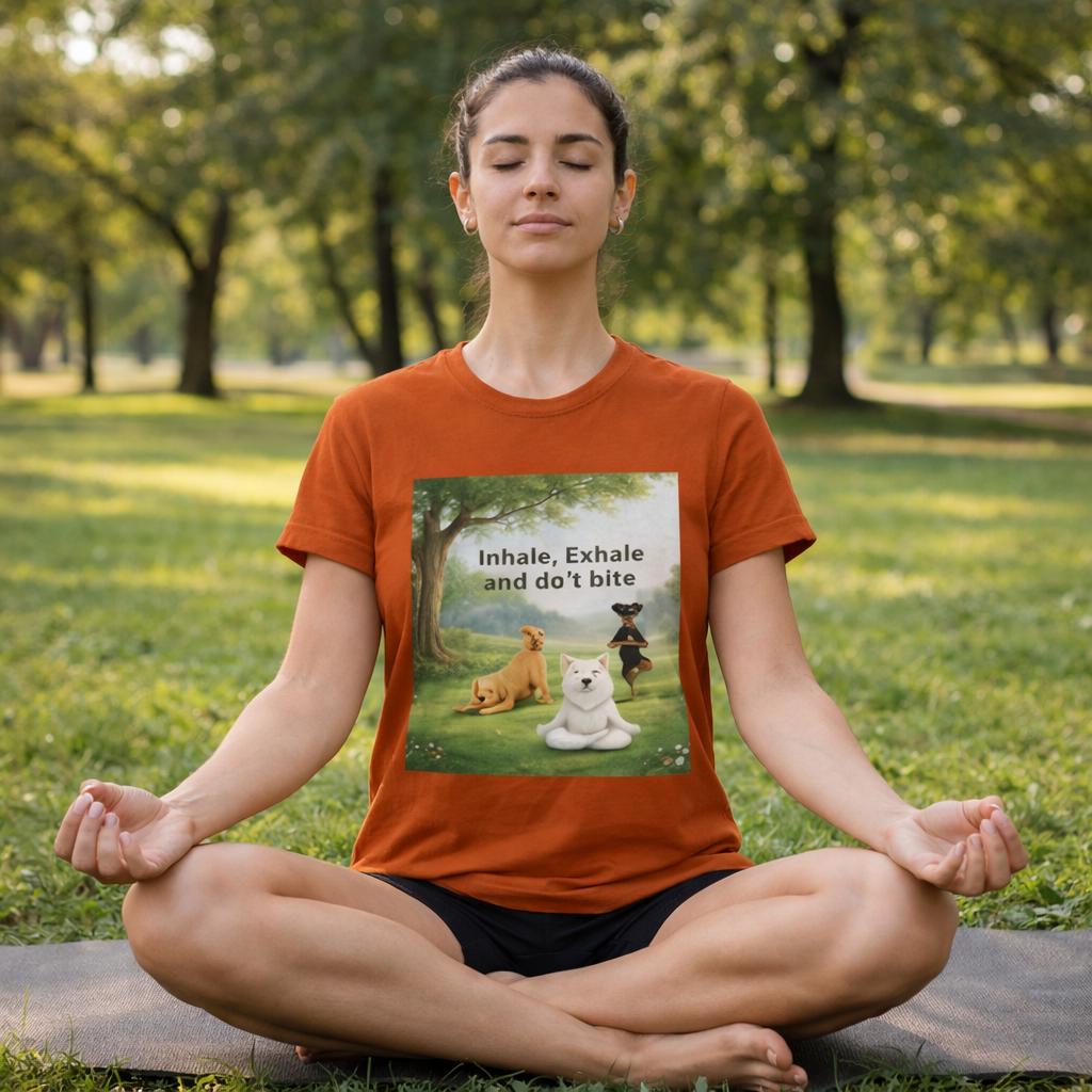 Unisex olive green t-shirt featuring a mindful dog meditation design with the phrase “Inhale, Exhale and don’t bite,” shown in a peaceful forest setting.