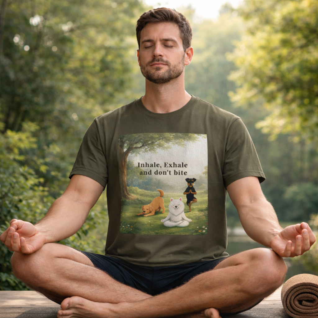 Unisex olive green t-shirt featuring a mindful dog meditation design with the phrase “Inhale, Exhale and don’t bite,” shown in a peaceful forest setting.