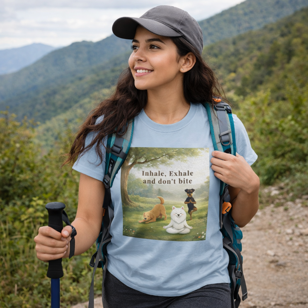 Unisex olive green t-shirt featuring a mindful dog meditation design with the phrase “Inhale, Exhale and don’t bite,” shown in a peaceful forest setting.
