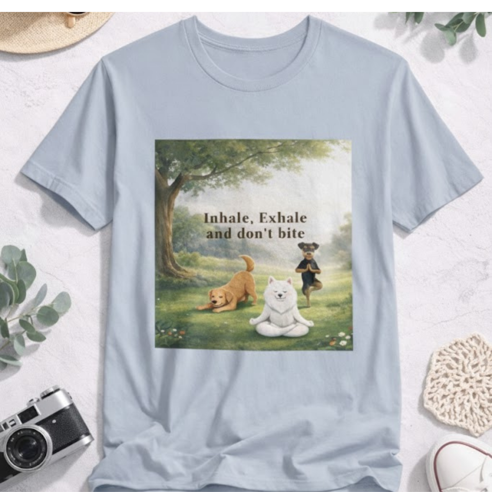 Unisex olive green t-shirt featuring a mindful dog meditation design with the phrase “Inhale, Exhale and don’t bite,” shown in a peaceful forest setting.