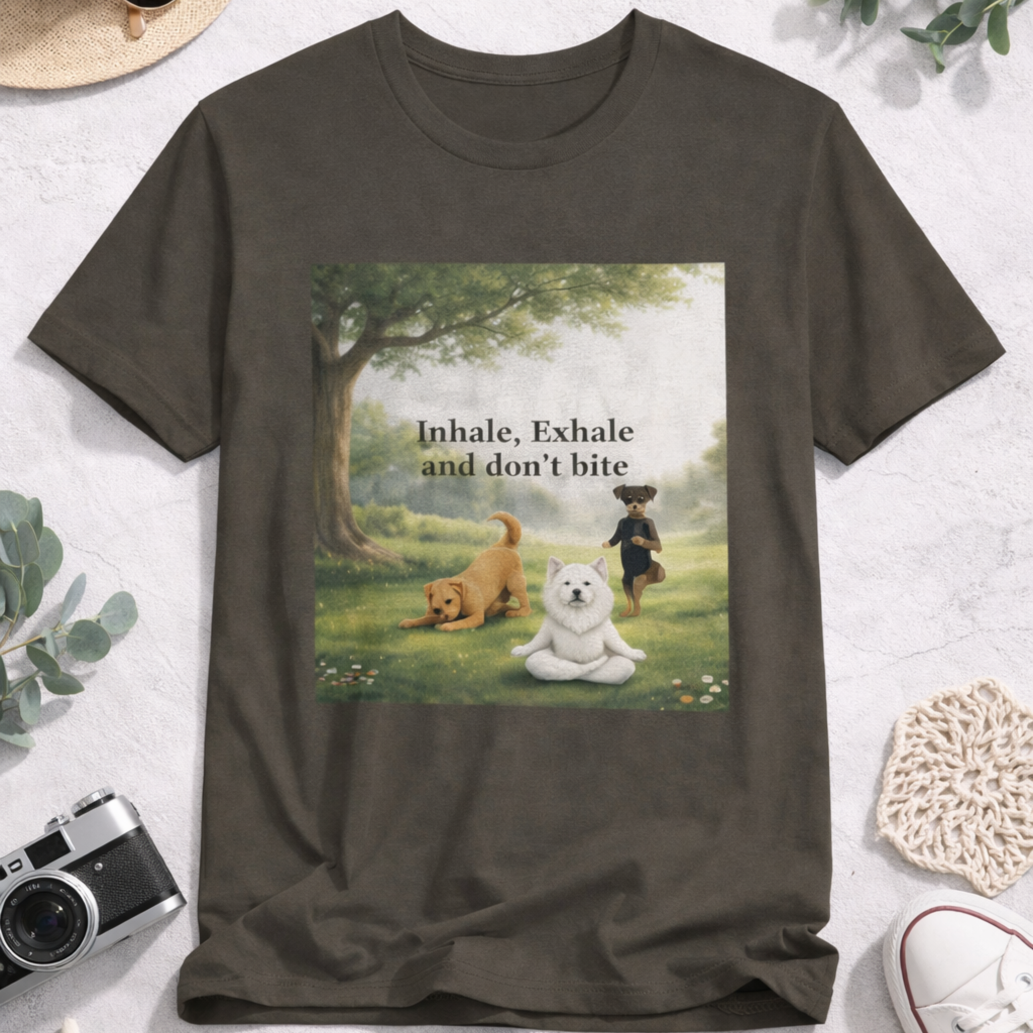Unisex olive green t-shirt featuring a mindful dog meditation design with the phrase “Inhale, Exhale and don’t bite,” shown in a peaceful forest setting.
