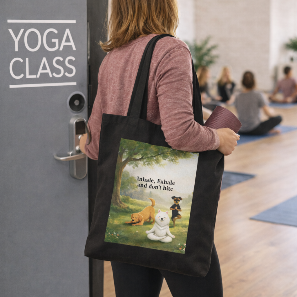 Inhale, Exhale and Don’t Bite – Funny Dog Tote Bag with Custom Option