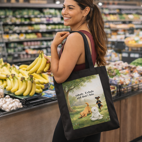 Canvas tote bag with “Inhale, Exhale and Don’t Bite” yoga dog design, available in natural or black with optional paid personalization.