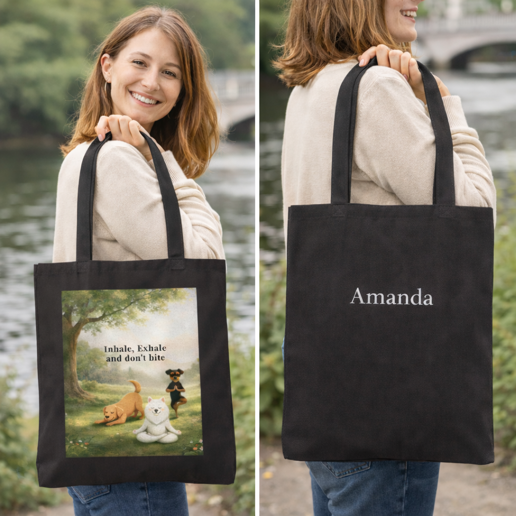 Inhale, Exhale and Don’t Bite – Funny Dog Tote Bag with Custom Option