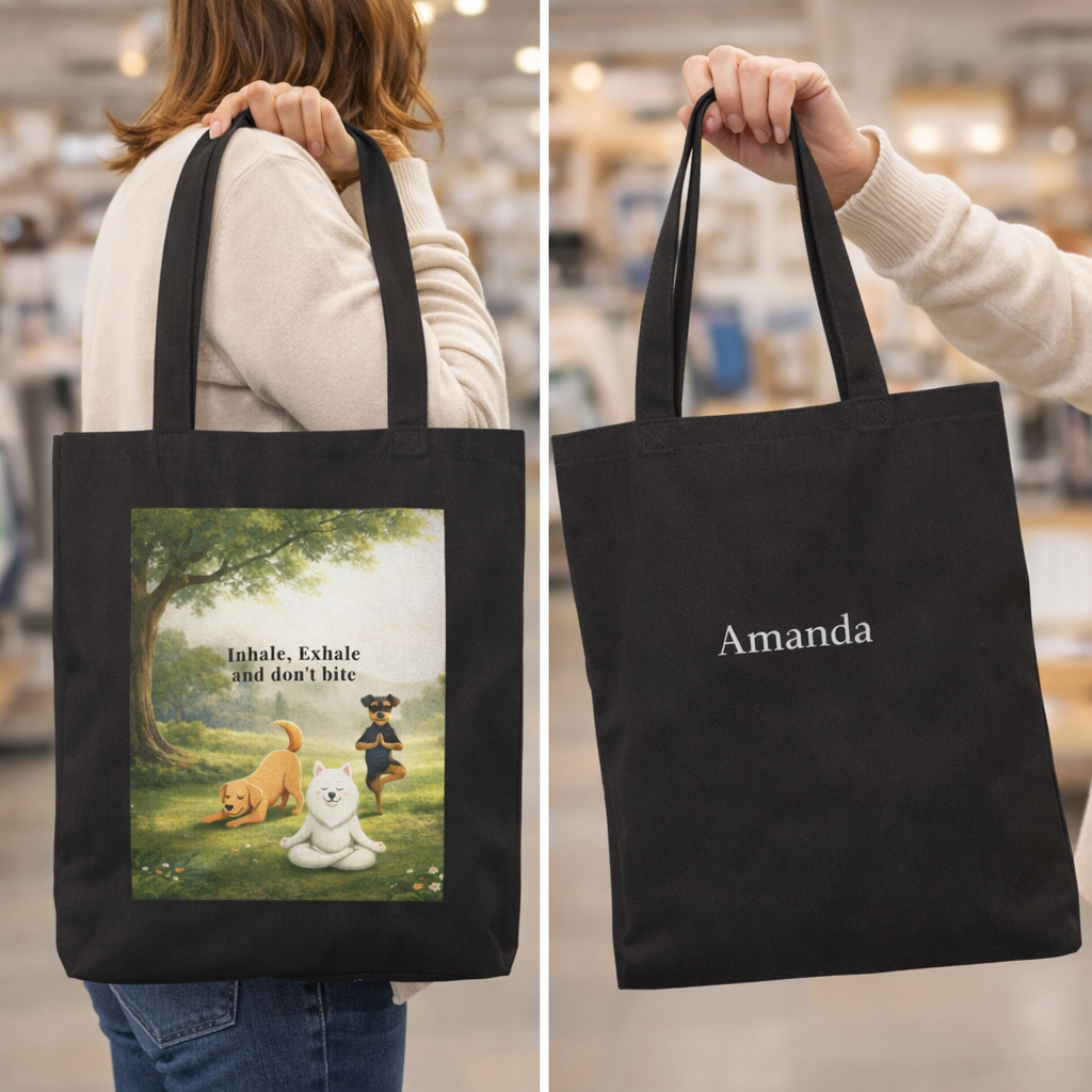 Inhale, Exhale and Don’t Bite – Funny Dog Tote Bag with Custom Option