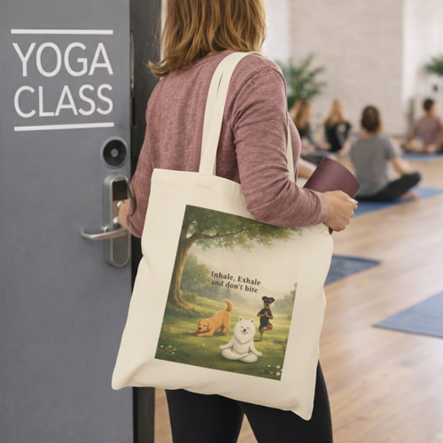 Canvas tote bag with “Inhale, Exhale and Don’t Bite” yoga dog design, available in natural or black with optional paid personalization.