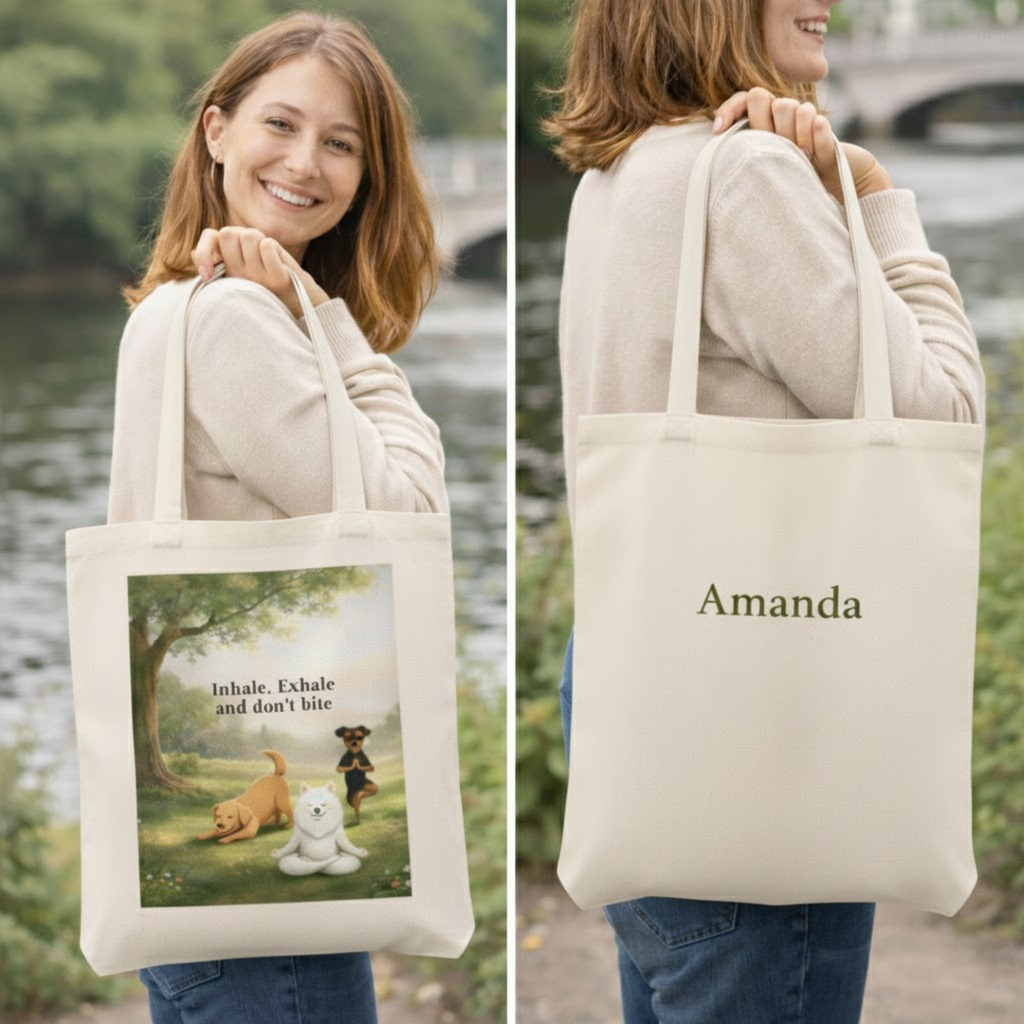 Inhale, Exhale and Don’t Bite – Funny Dog Tote Bag with Custom Option
